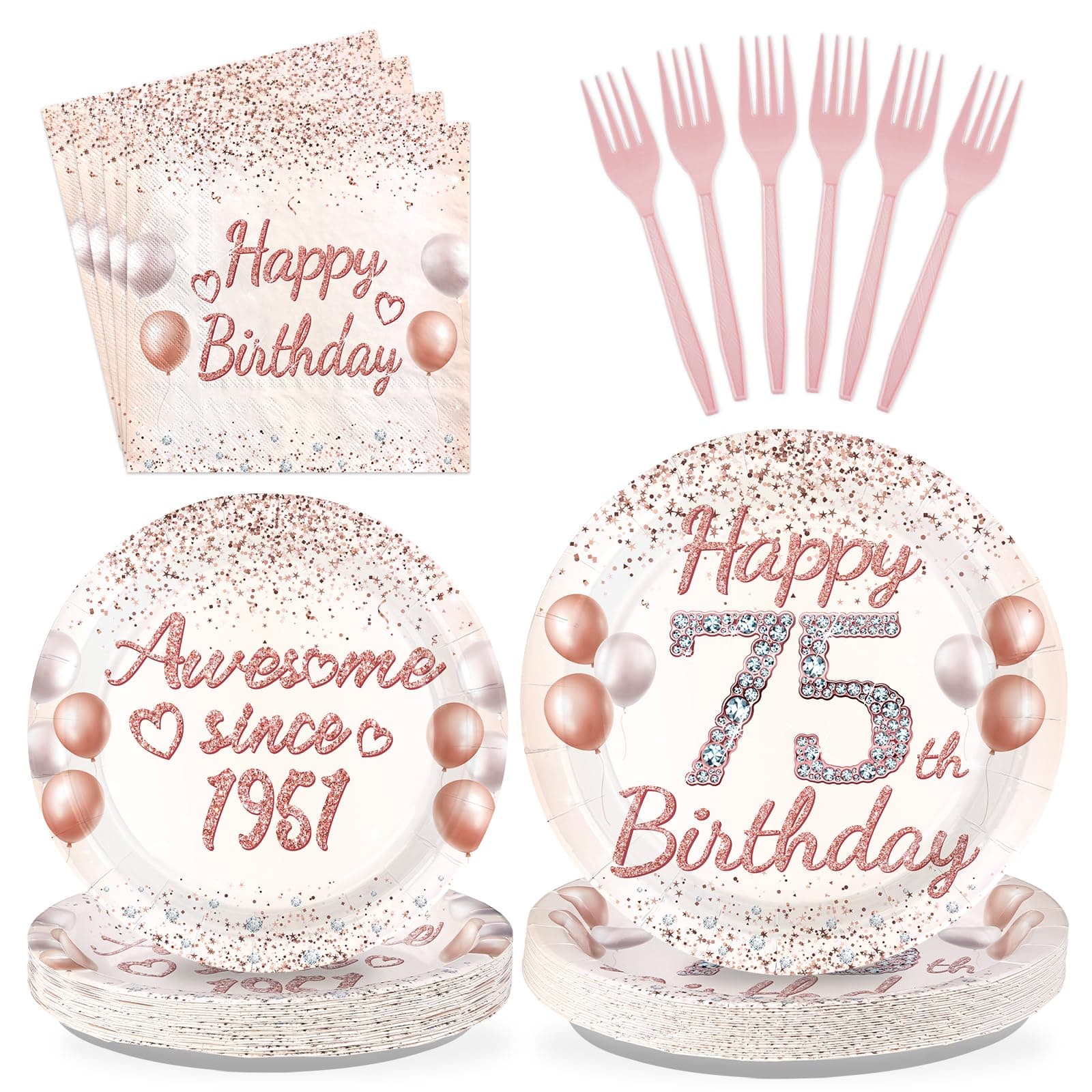 Greencian 96 Pcs 75th Birthday Party Supplies for Women, Serves 24
