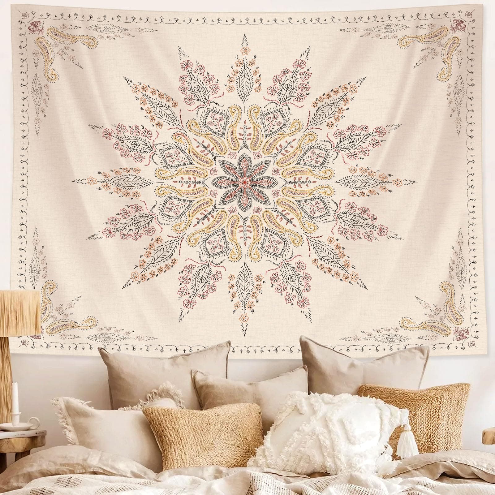 Neasow Bohemian Tapestry Wall Hanging, Beige White Floral Tapestry with Medallion Print Bedroom Boho Home Decor, WhiteSimple, Large 68×90 inches