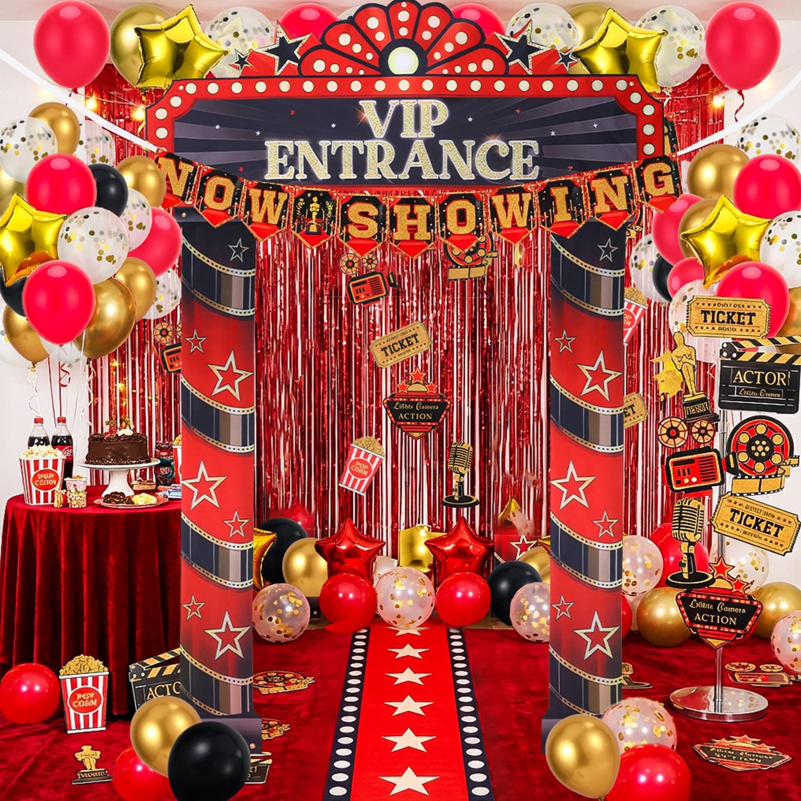 Guiqulai 76 PCS Movie Night Party Decorations Kit Included Foil Curtain Film Theme Backdrops Now Showing Banner Movie-Themed Cardstocks Balloons for Anniversaries Party Decors Family Gathering