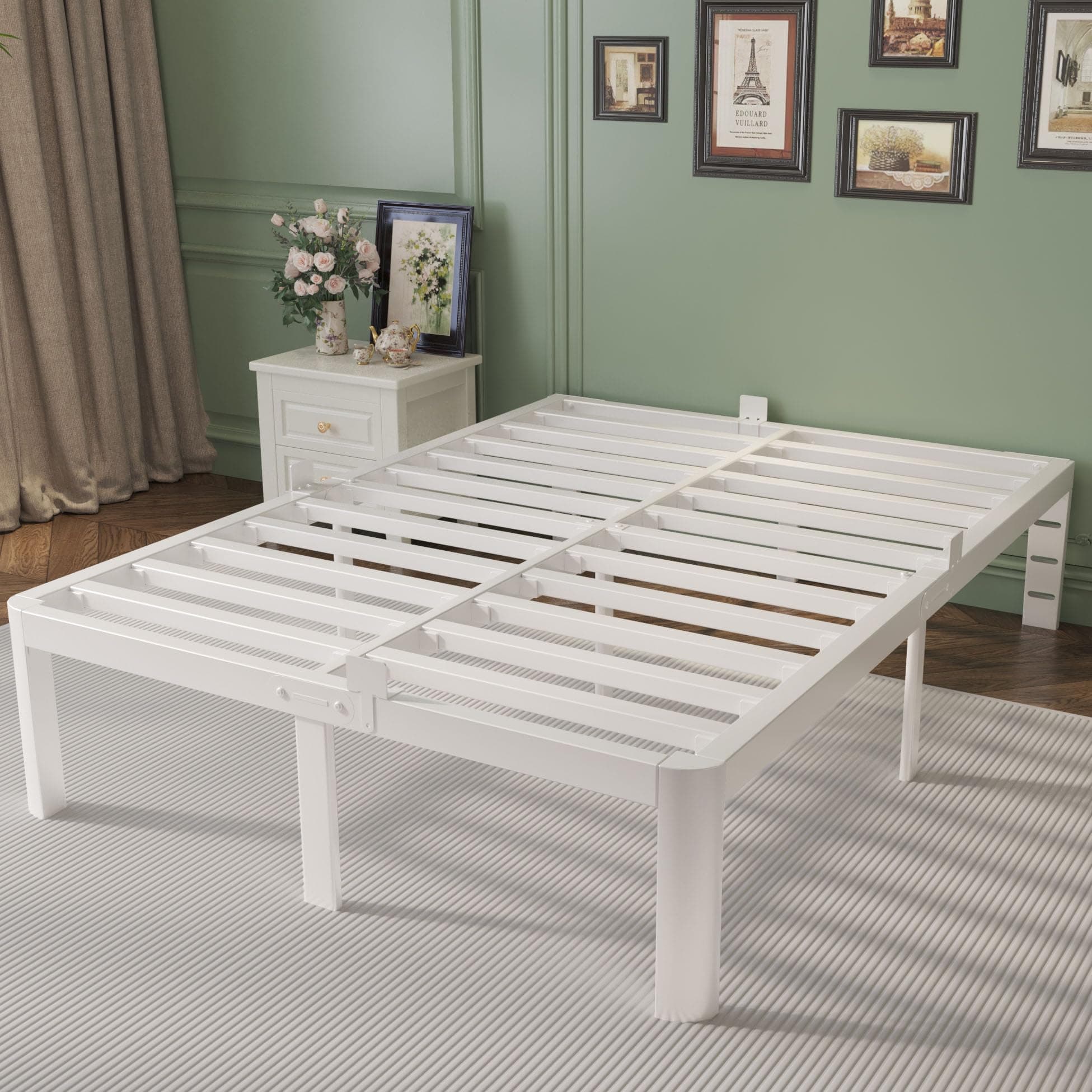 KOSOSO 14 Inch King Bed Frame with Metal Gasket, White Platform Bed Base
