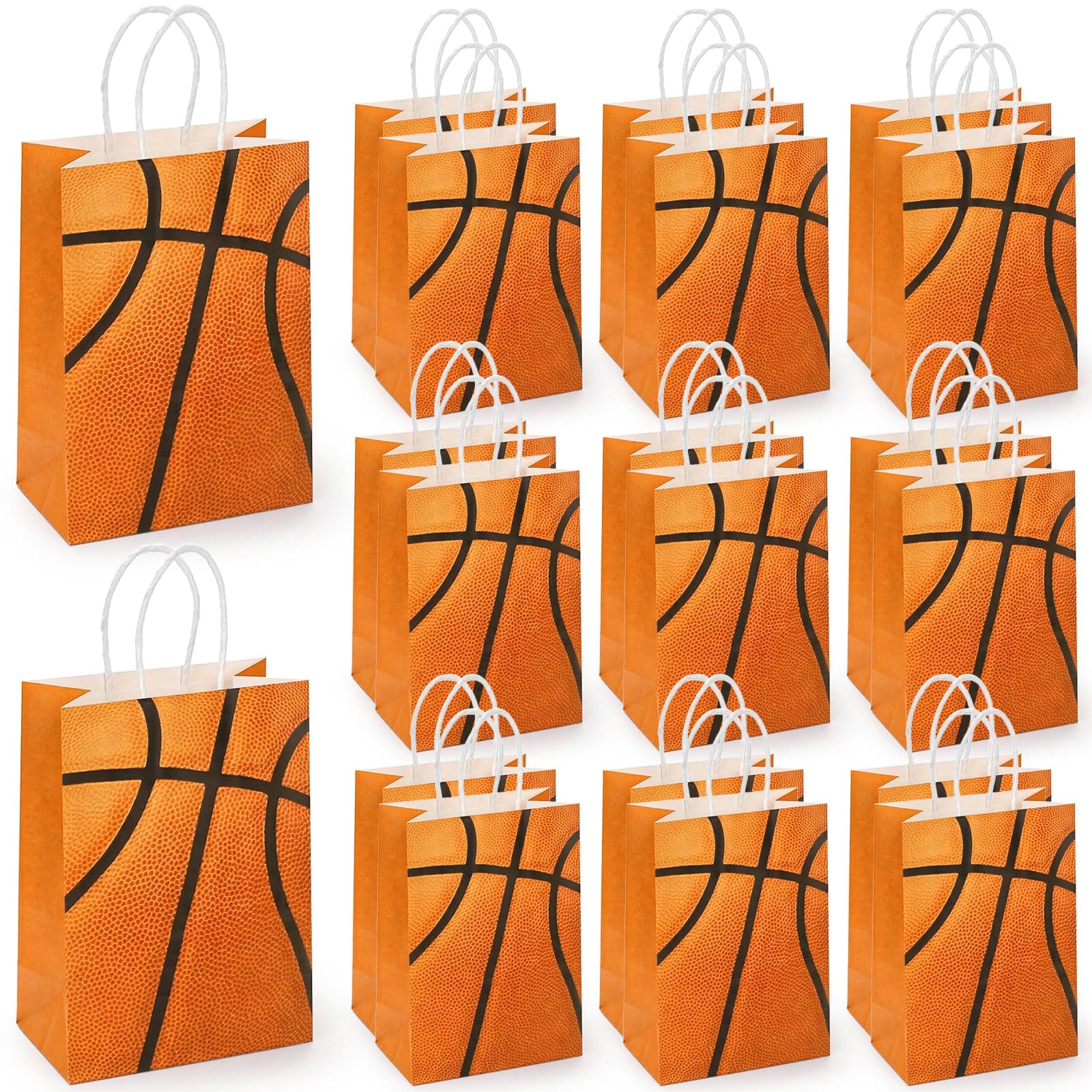 Jucoan Basketball Theme Party Favor Gift Bags, 50 Pack Kraft Paper Basketball Goodie Bags with Handles for Sports Birthday Party Supplies