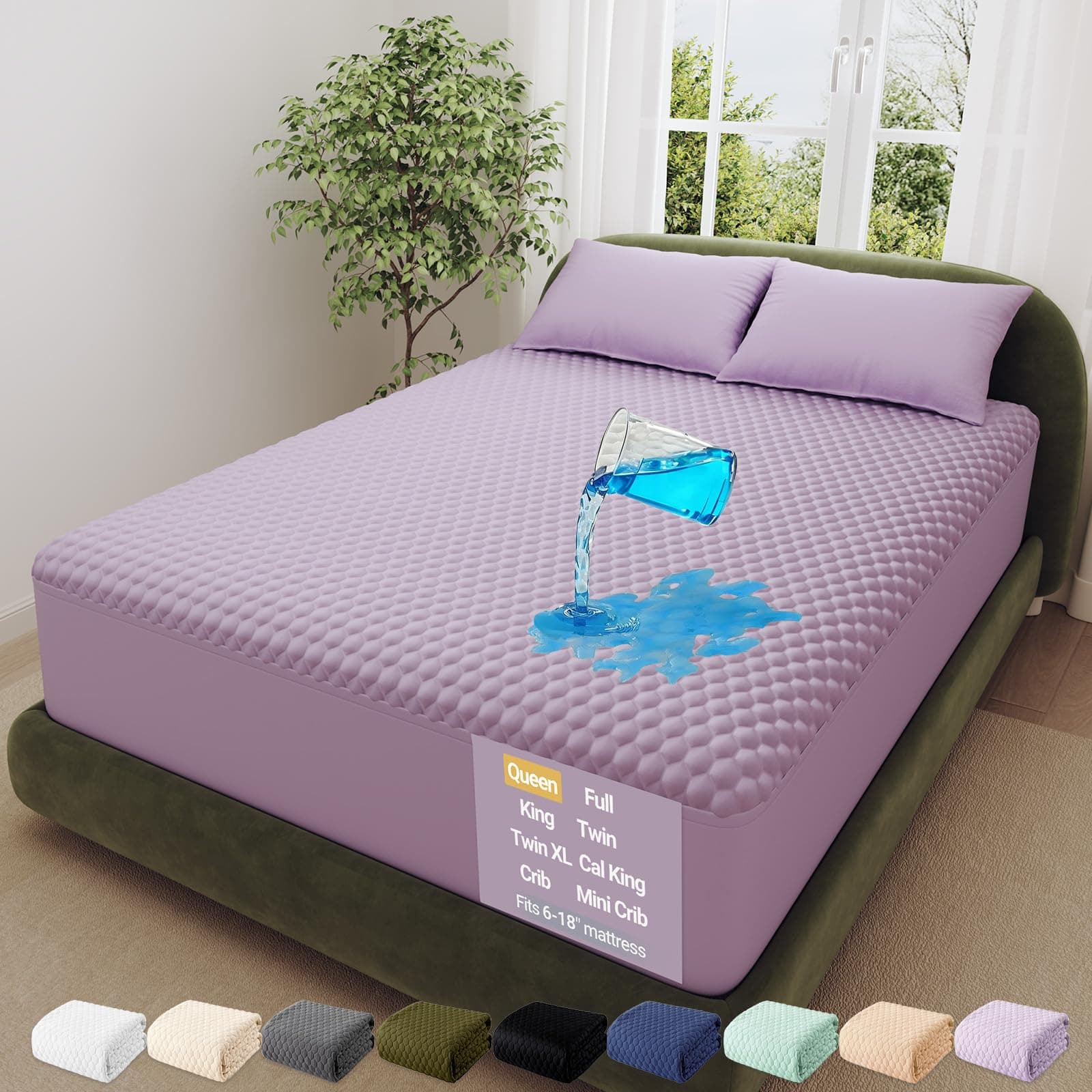 OhGeni 100% Waterproof Mattress Protector,Queen Size Mattress Soft Pad,Pet Hair & Bedwetting Resistant,Cooling Breathable Fitted Sheets,Washable Bed Cover,Non-Slip Deep Pocket,Noiseless,Purple