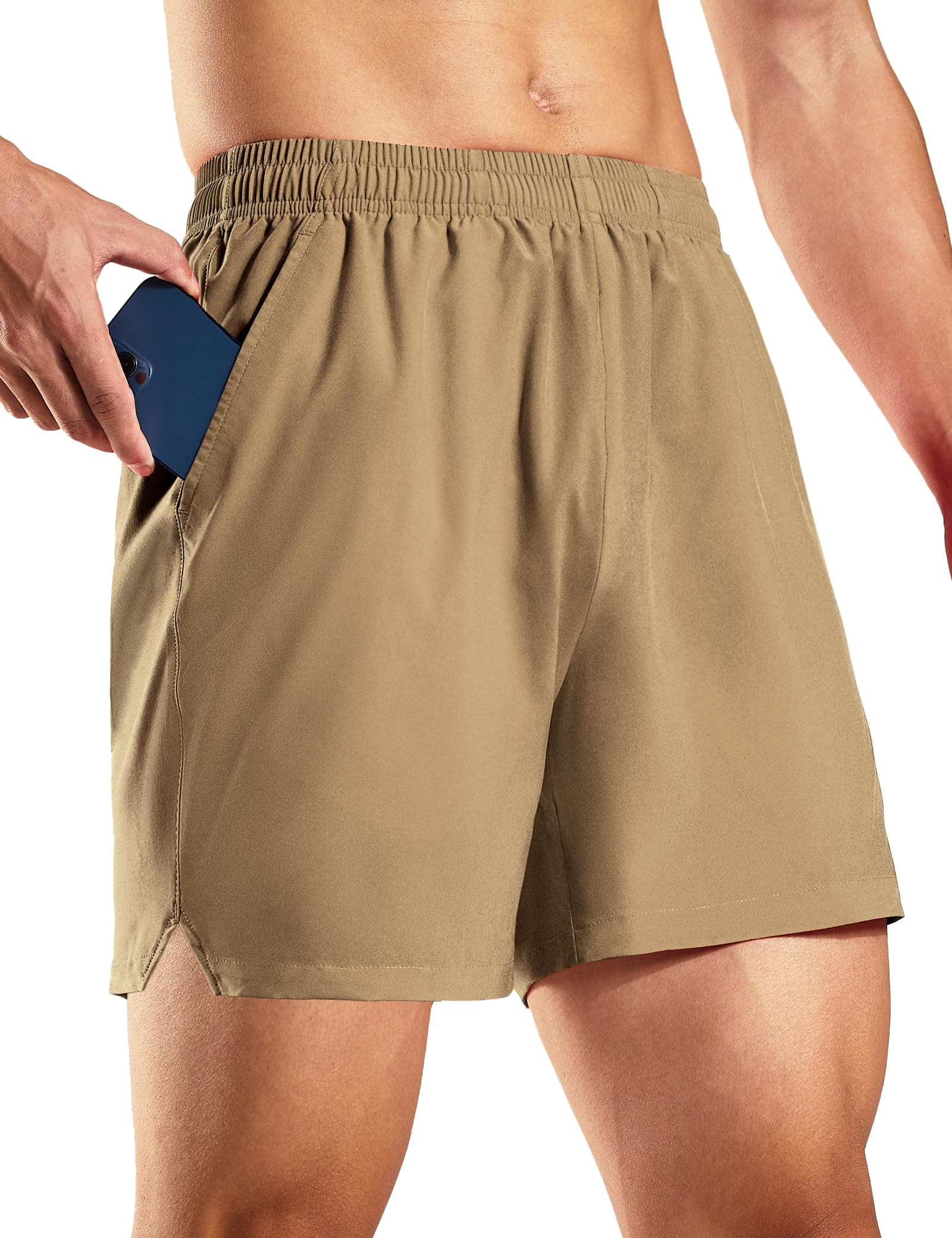 Haimont Mens Athletic Khaki Shorts 5 Inch Inseam, Elastic Waistband Quick Dry Running Short with Slits on Side, Khaki, M
