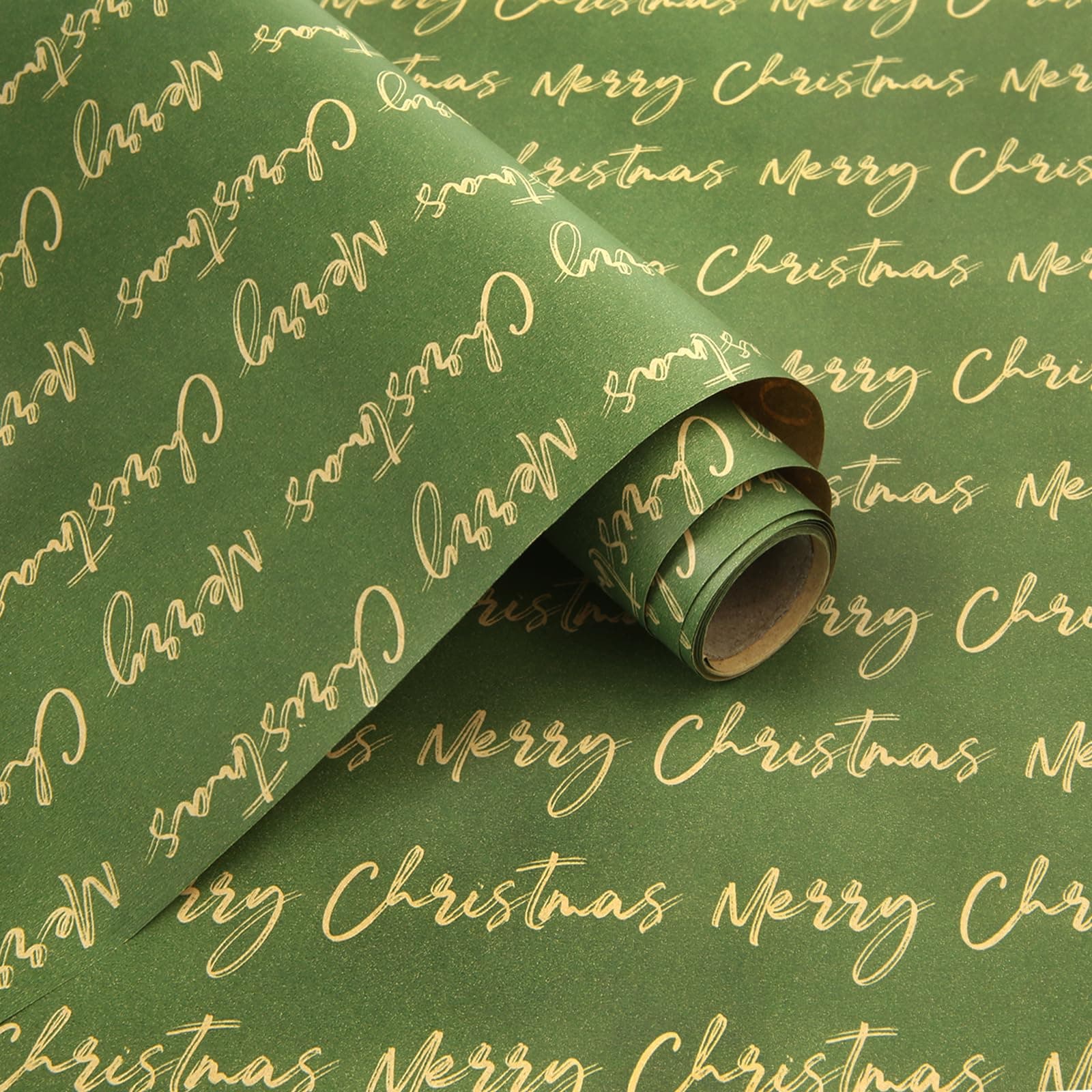 Minimal Elegant Emerald Green Large Merry Christmas Repeating Cursive Script Wrapping Paper For Men Women Boys Girls Kids- 1 Mini Roll 17 X 10 ft Per roll 14.1 sq.ft.ttl - Brown Recycled Kraft Gift Wrap for Men Women All Christmas Holiday Occasions
