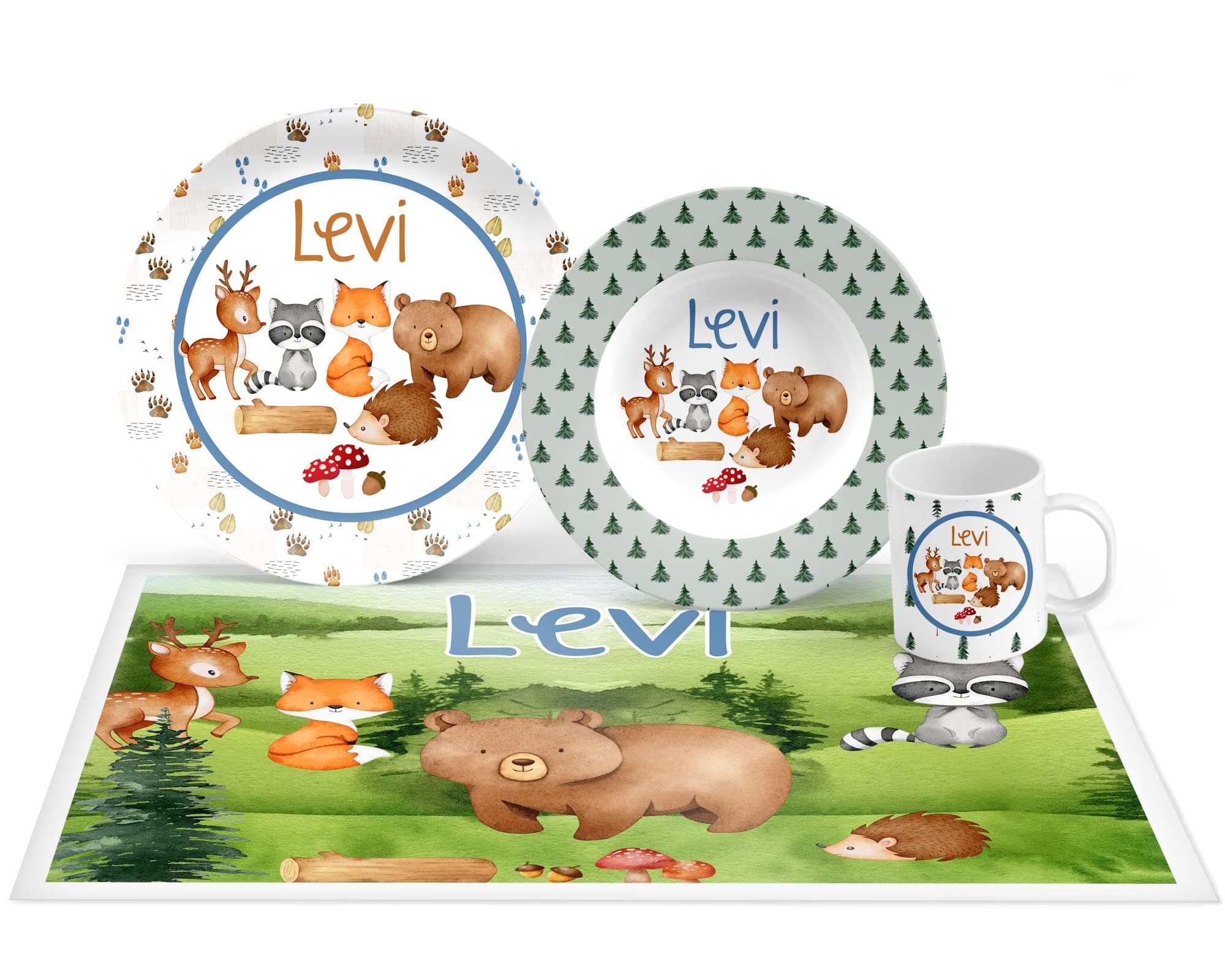 Personalized Woodland Animals Plate Set, Bowl, Placemat, Mug, Mealtime, Dinner, Dinnerware - Choose Your Pieces