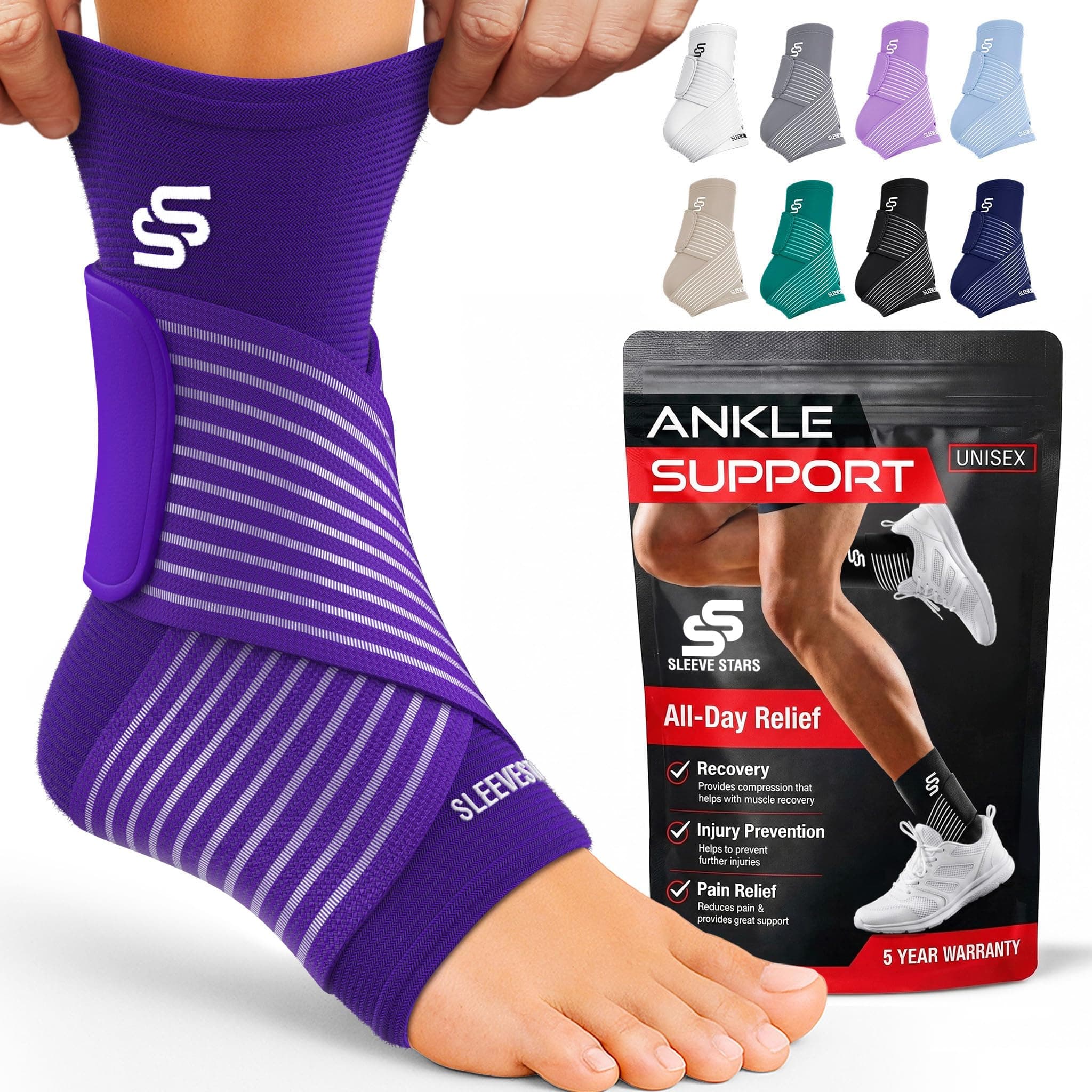 Sleeve Stars Ankle Brace for Women & Men, Ankle Wrap for Sprained Ankle, Compression Sleeve for Plantar Fasciitis Relief, Easy Customizable Support: w/Removable Strap (Single/S:9"-10"/Dark Purple)