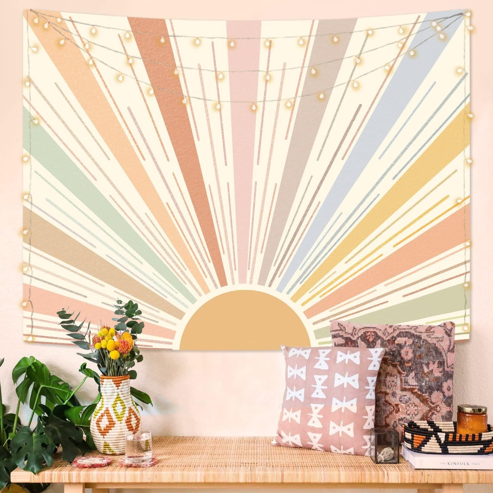 Kanuyee Boho Sun Tapestry Wall Hanging, Retro 70s Abstract Striped Aesthetic Sunrise Vintage Tapestries for Bedroom Living Room 68×90 inch