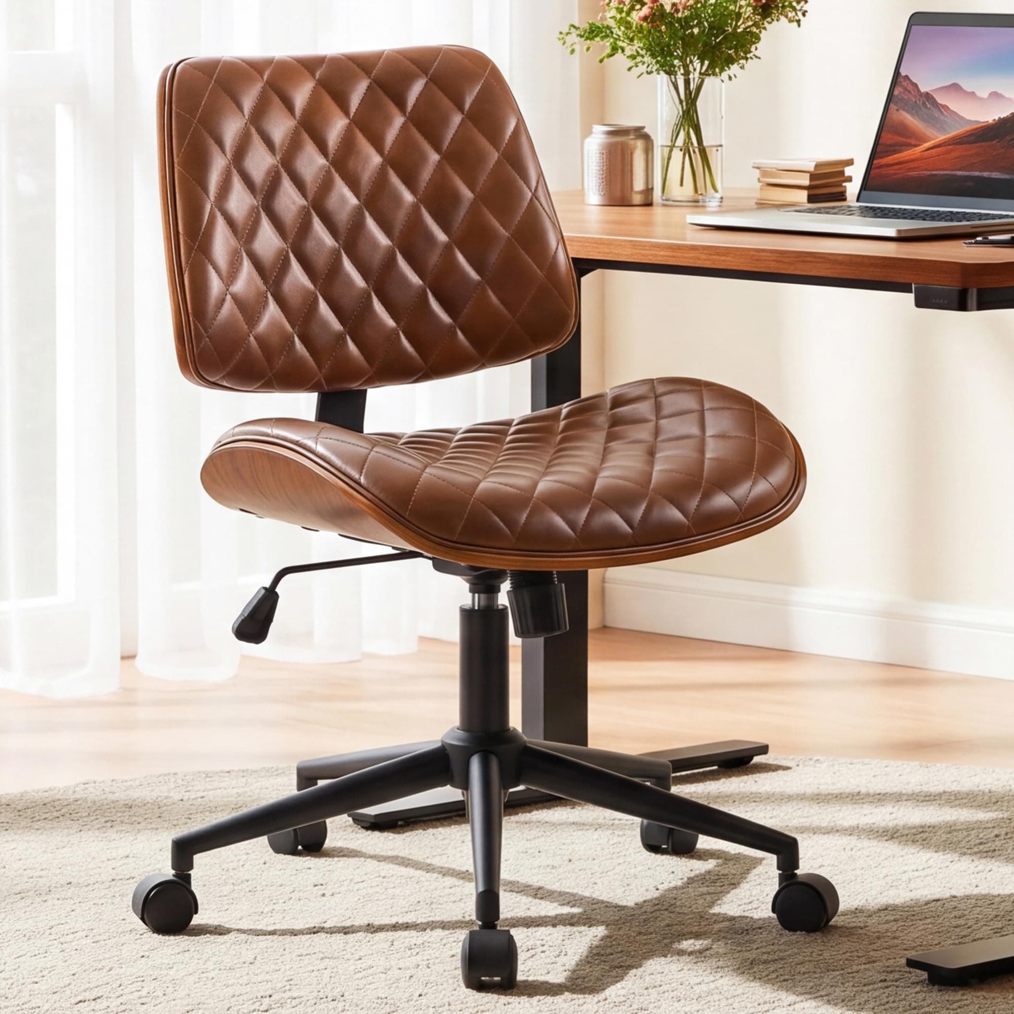 Furnimart 360° Swivel Ergonomic Curved Wood Desk Chair, Height Adjustable Rolling Desk Chair with Leather Upholstery, Sturdy Small Chair for Home Office, Vanity, or Workspace(PU Brown)