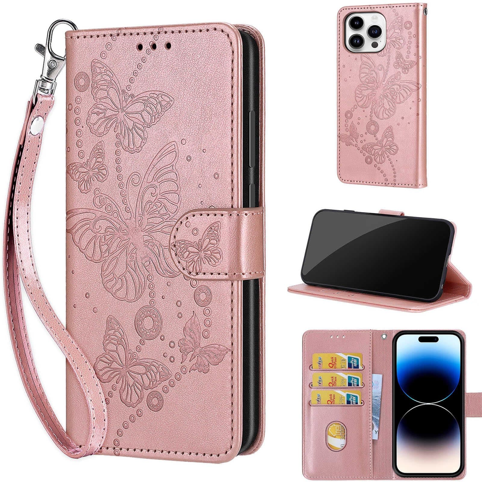 KENHONER Designed for iPhone 14 Pro Case Wallet,Women Flip Folio Cover with Embossed PU Leather Stand Credit Card Holders Slots Wrist Strap Phone Case for iPhone 14 Pro 6.1 Inch (Rose Gold Butterfly)
