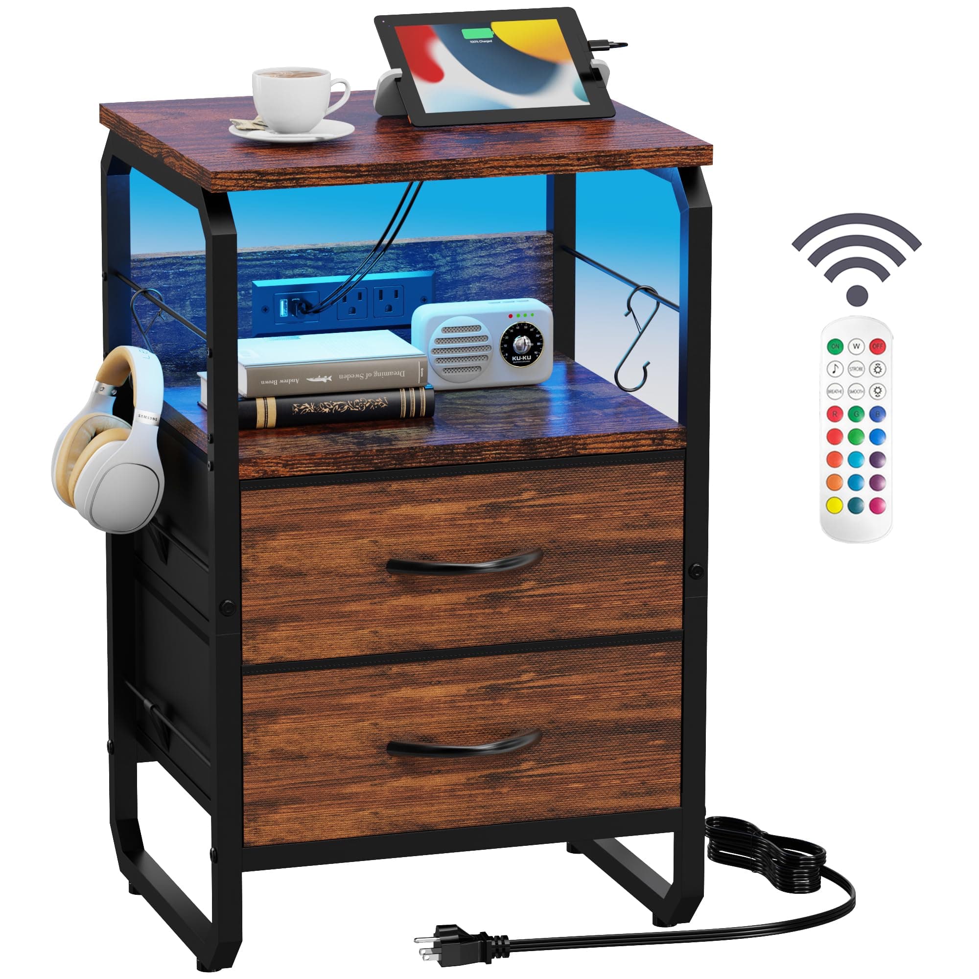 runjuly Side Table with Drawers, LED Night Stand with Charging Station, Nightstand with Storage, Night Table with Hooks, USB Ports & Outlets, End Table for Office, Bedroom, Dorm, Rustic Brown