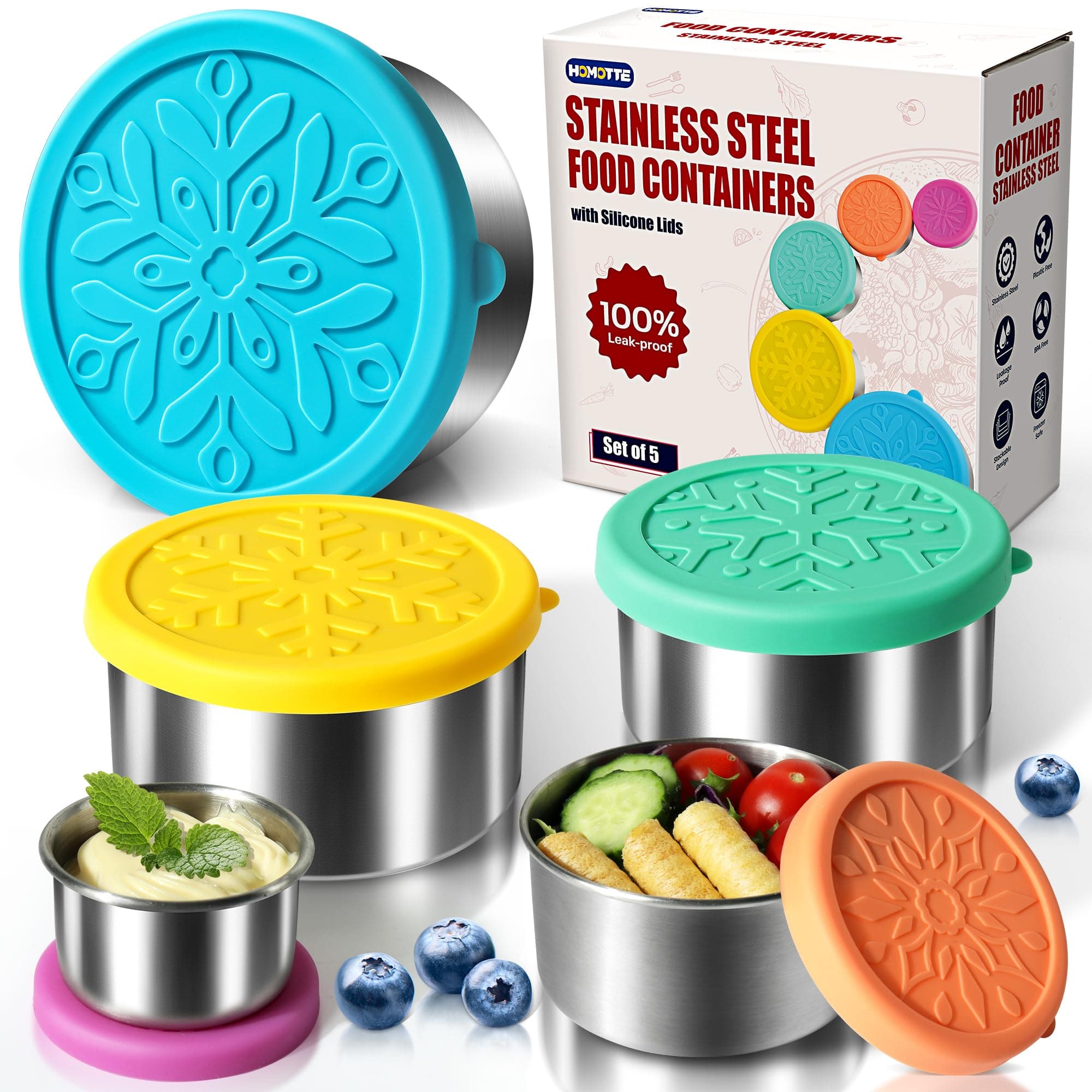 18/8 Stainless Steel Food Snack Storage Containers(5 Pack: 2/4/8/14/24oz)