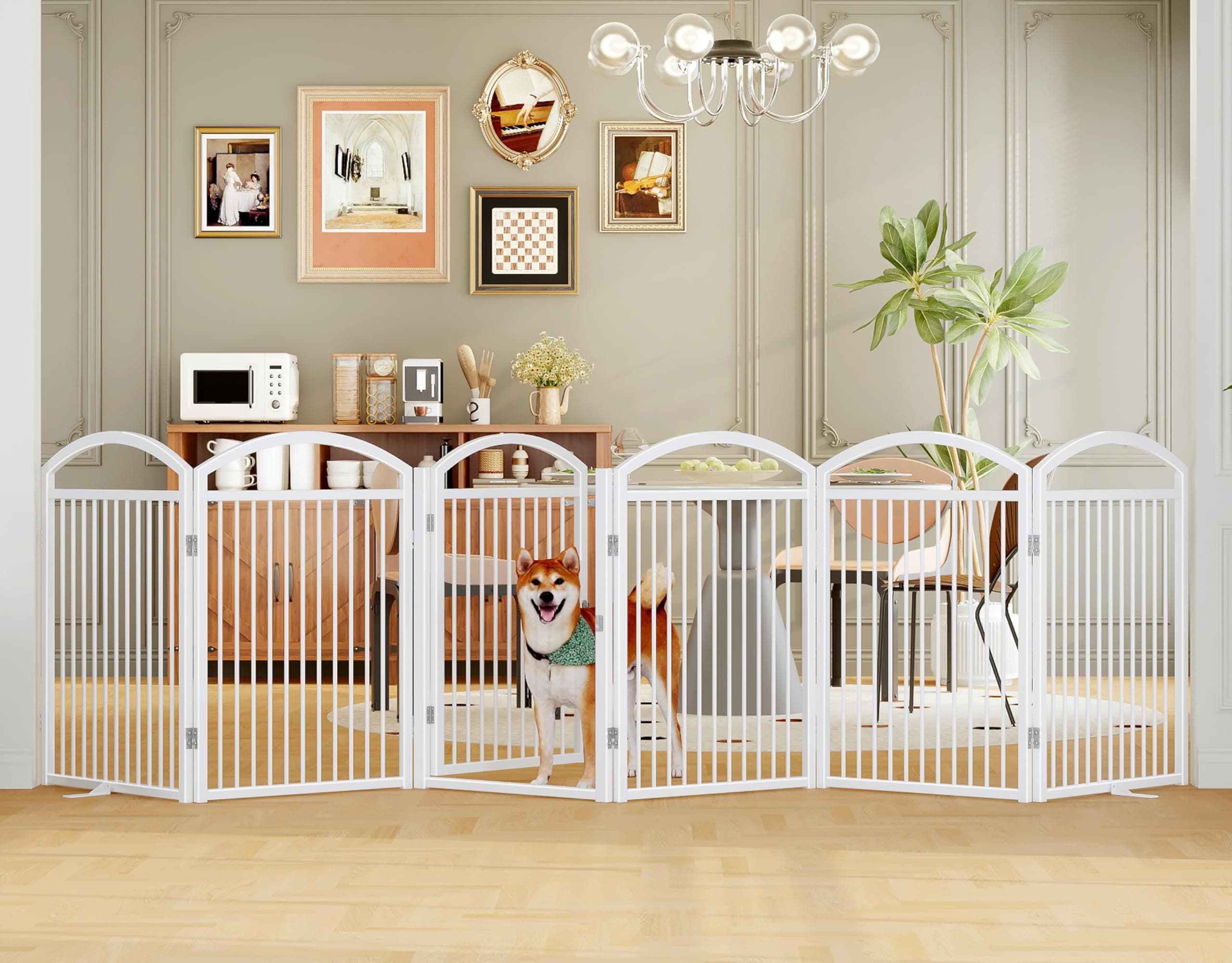 Folding Pet Fence 144" Wide, 32" Tall,Freestanding Dog Gate with Door,White