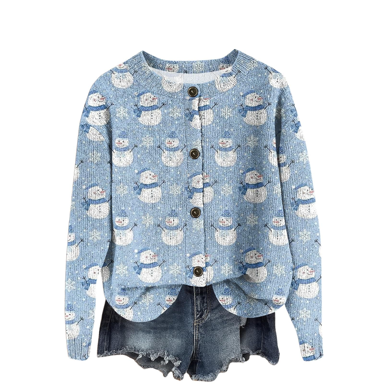 Christmas Sweaters for Women 2025 Cute Christmas Button Down Sweater Open Front Long Sleeve Crewneck Cardigan Sweaters Loose Fit Fall Fashion Xmas Holiday Tops Cropped Cardigans (F Blue,Medium)