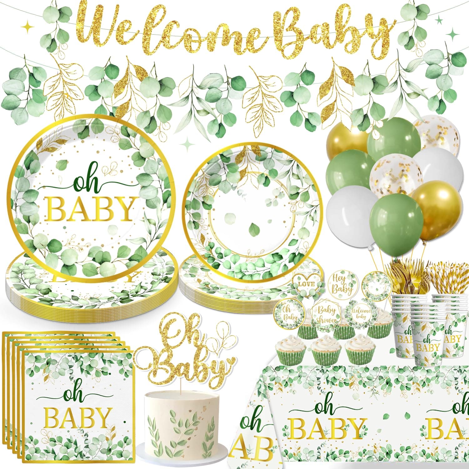 185pcs Sage Green Baby Shower Decorations Include Plates and Napkins Set, Banner, Balloon, Tablecloth, Cake Topper, Cupcake Topper, for Baby Girl Boy Neutral Baby Shower Decorations, Serves 25