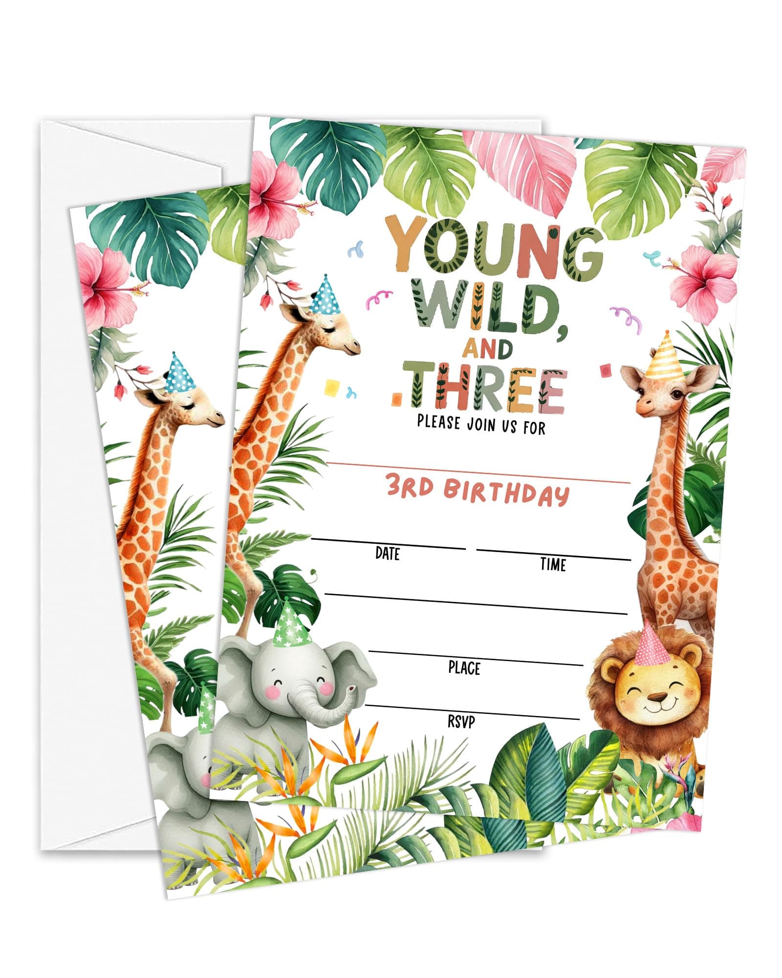 RFFGRTU Young Wild Three Birthday Party Invitations for Girls Boys, 5"×7" Woodland Animals Birthday Invitation for Safari Party Favors Decorations -25 Cards with Envelops (A12)