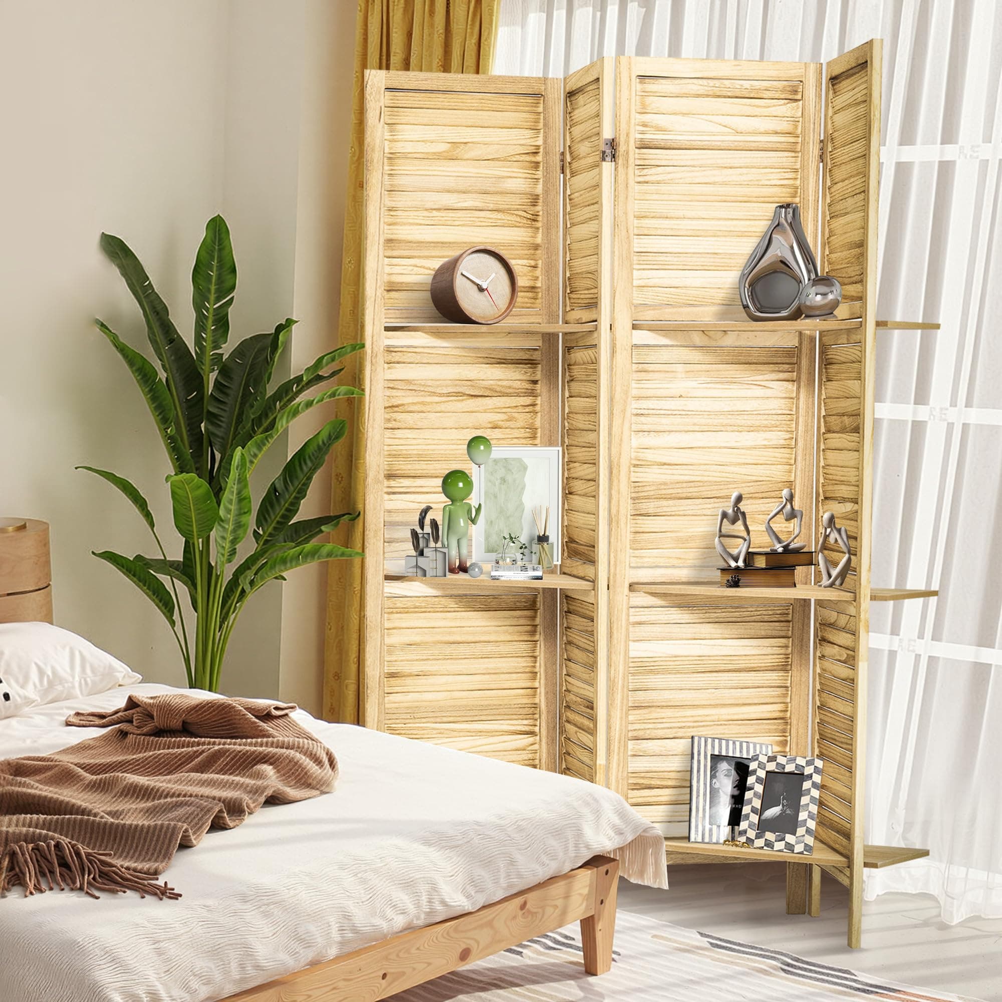 Grungis 4 Panel Room Divider 5.6FT Louvered Design Room Dividers with Display Shelves Folding Privacy Screens Portable Freestanding Partition Wall Dividers for Bedroom & Office, Natural Wood