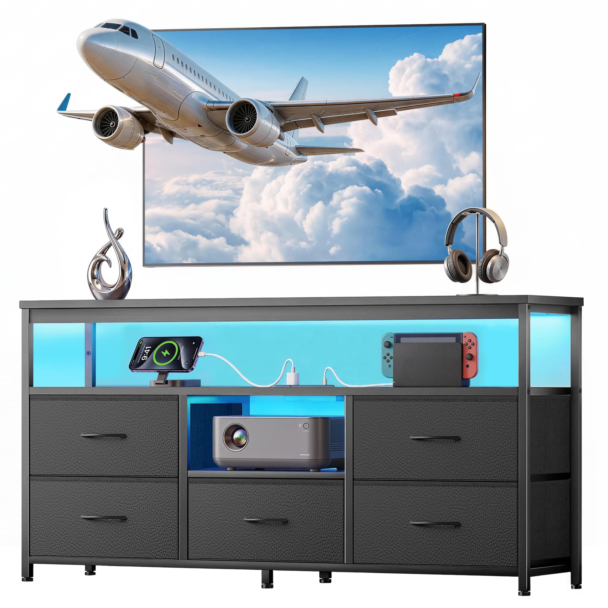 MORICAD TV Stand for Bedroom, 54 Inch Dresser TV Stand for 50, 55, 60 Inch TVs, 5 Drawers Entertainment Center with Storage, LED Lights & Power Outlets, Media TV Console Table for Living Room, Black
