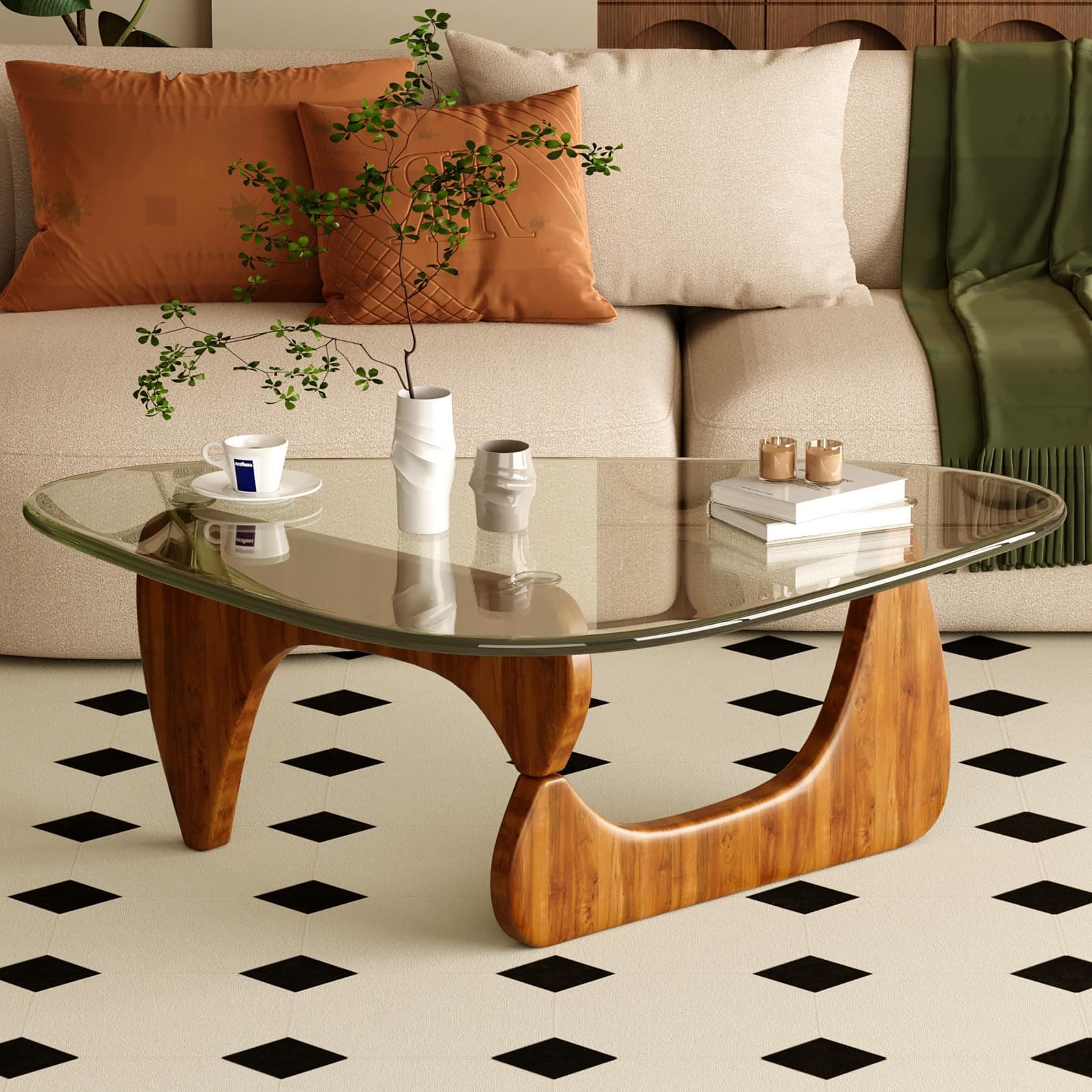 JCAJCA Coffee Table for Living Room Mid Century Modern Center Table with Glass Top,32 Inch, Walnut Transparent