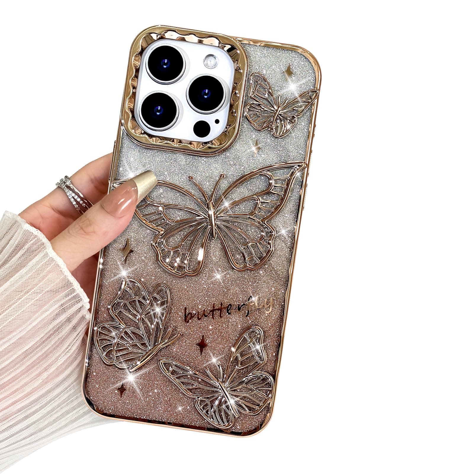 BITOBE Designed for iPhone 16 Pro Max, Cute 3D Butterfly Case Slim Plating Glitter Bling Luxury Cover for Women Girls Pro Maxtective Camera Pro Maxtection Bumper 6.9" Desert Titanium