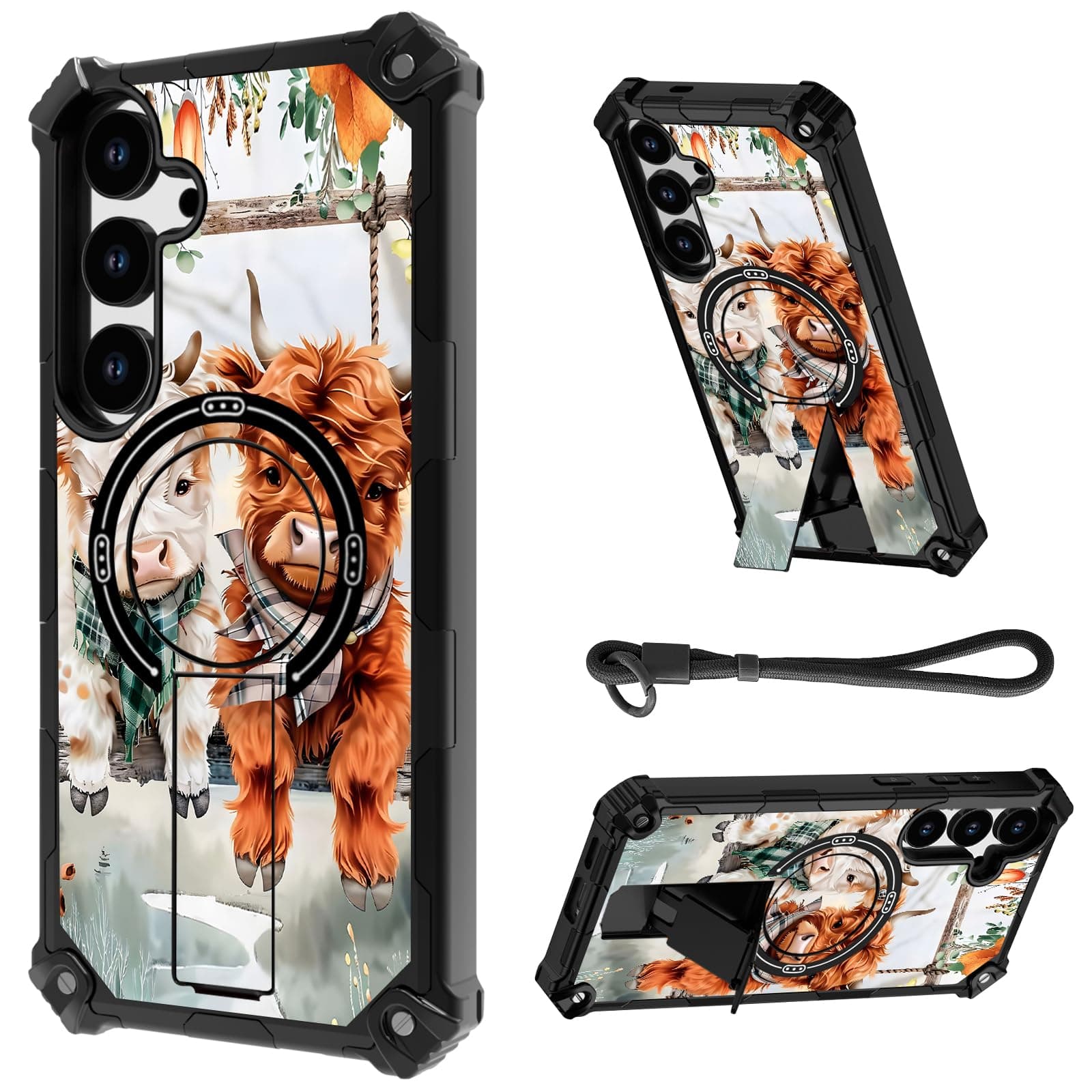 HJCYXJLK for Samsung Galaxy S25/S24 Case, Heavy Duty Dual-Layer Shockproof Bumper Cover, Magnetic Back & Kickstand, Wrist Strap, Rugged Protective Phone Case for S25/S24, Cute Highland Cows