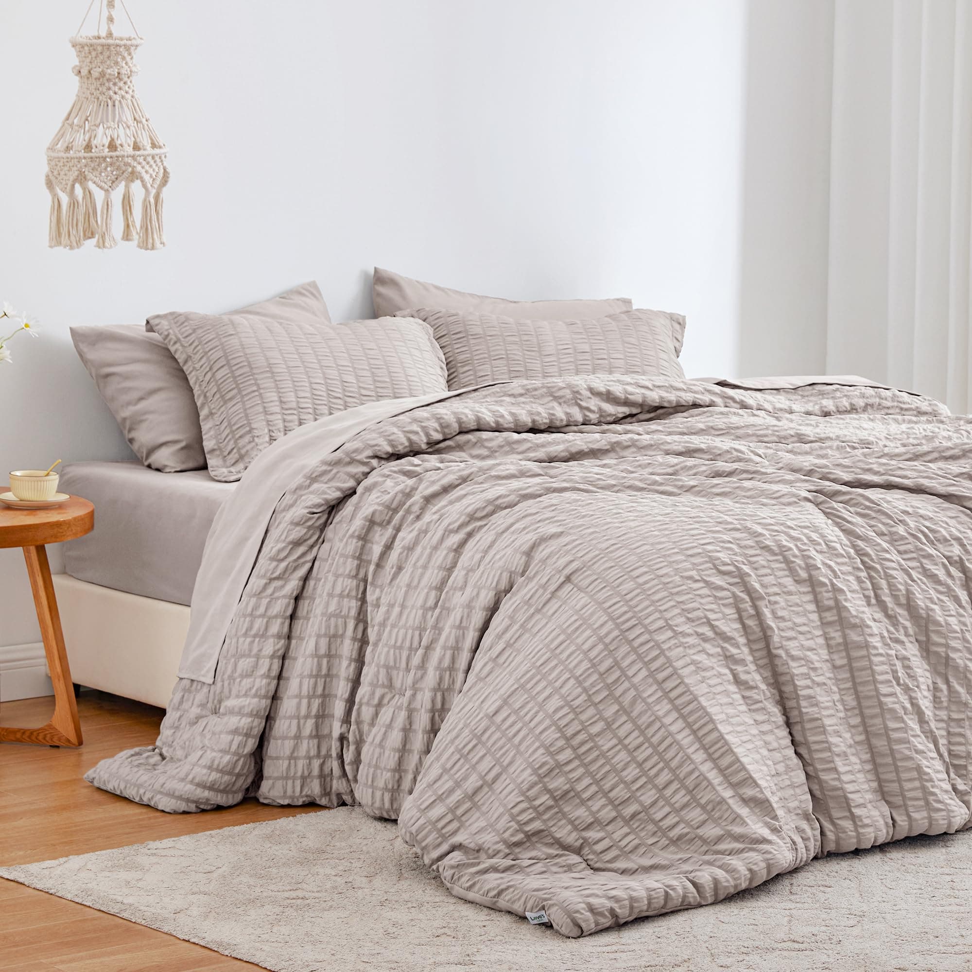 Love's cabin Seersucker Burlwood King Size Comforter Set, 7-Piece All Season Lightweight Bed in a Bag Bedding Set with Comforter, Flat Sheet, Fitted Sheet, Pillowcases and Shams