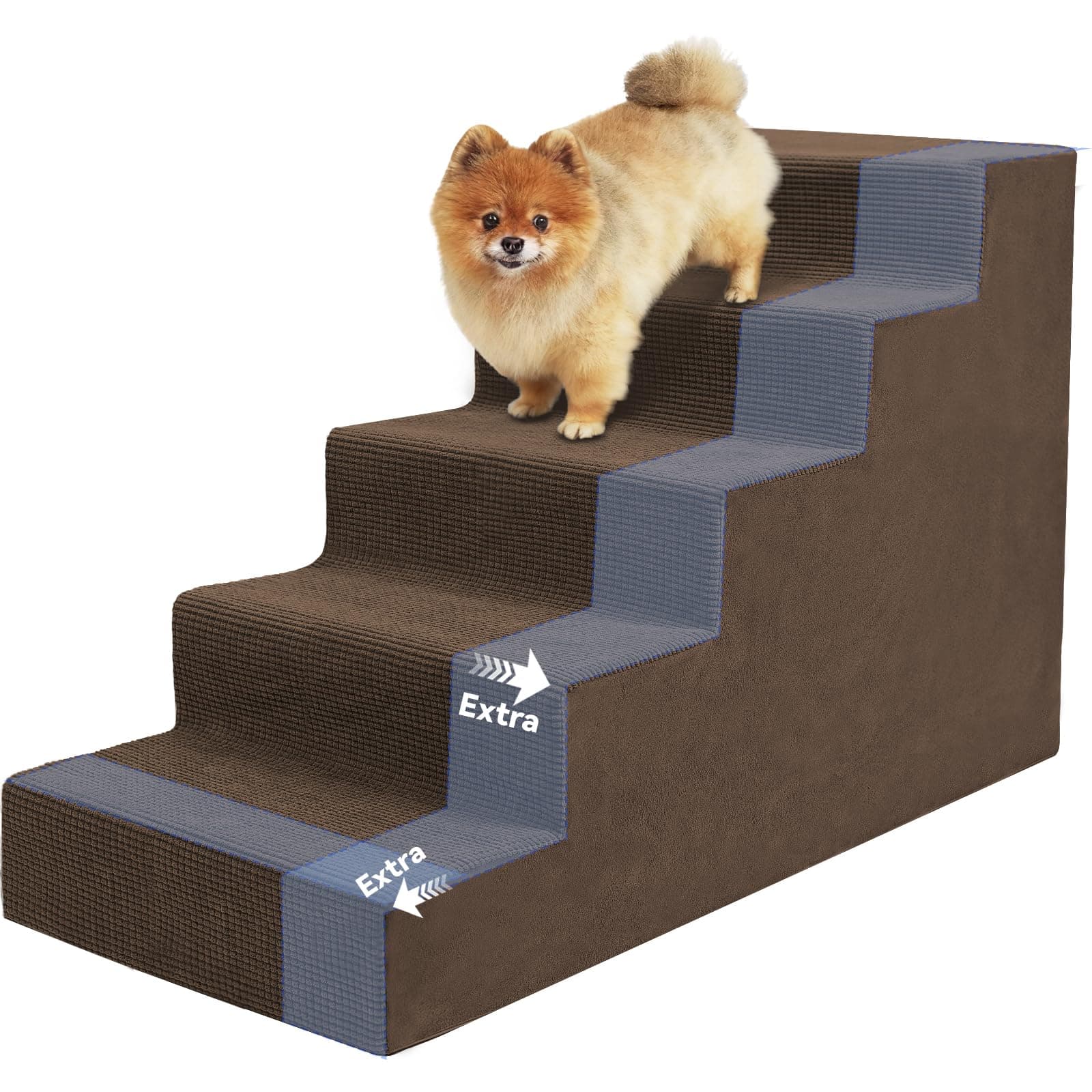 Niubya Dog Stairs for Small Dog and Cats,23”H Non-Slip Bottom Pet Steps for High Beds and Couch,High-Density Foam Pet Stairs Brown,5 Steps