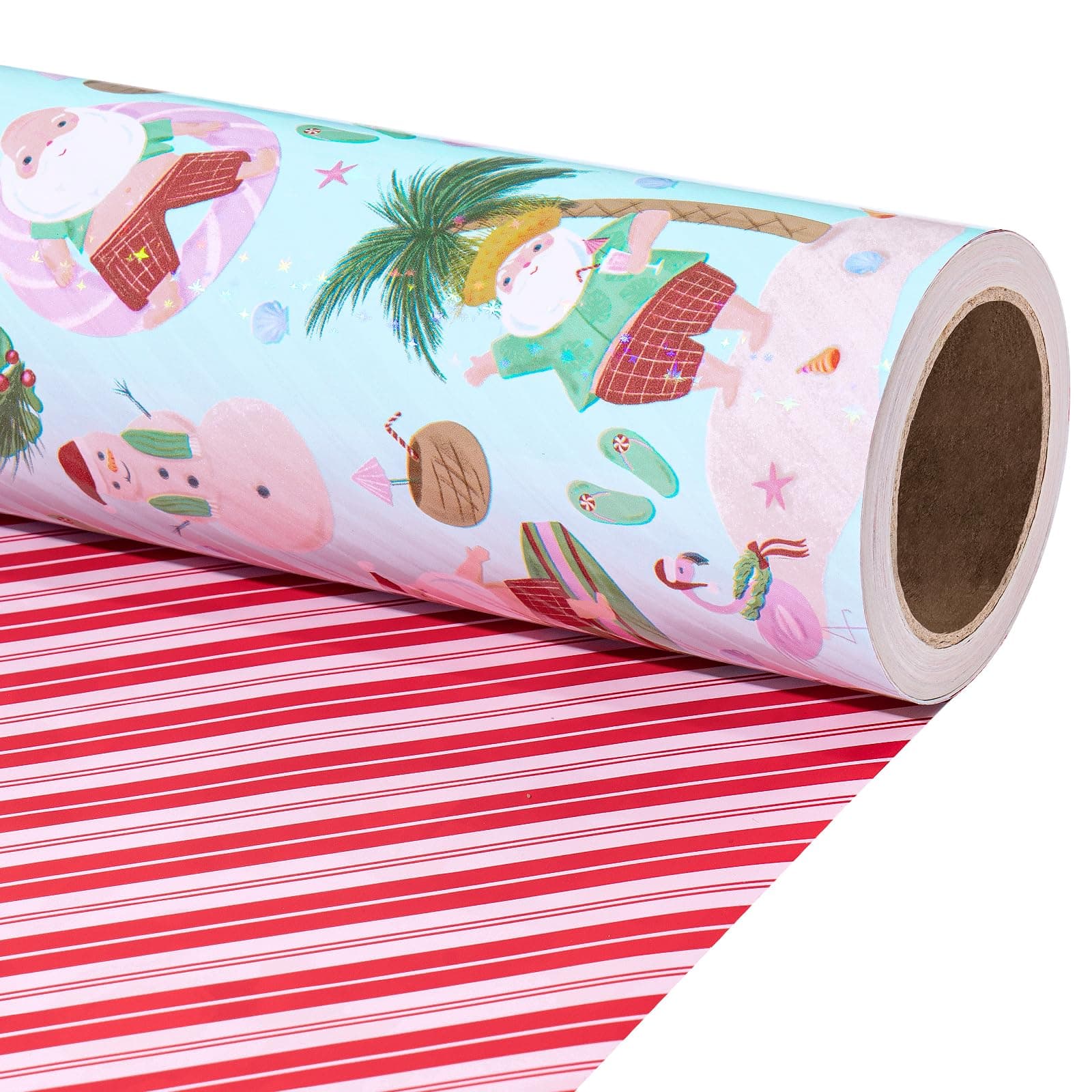 RUSPEPA Reversible Summer Christmas Santa Wrapping Paper Roll, Tropical Beach Santa Design & Red Candy Stripe Design, Funny Gift Wrap for Holiday, Kids, Family, Party, 17 Inches x 16.4 Feet