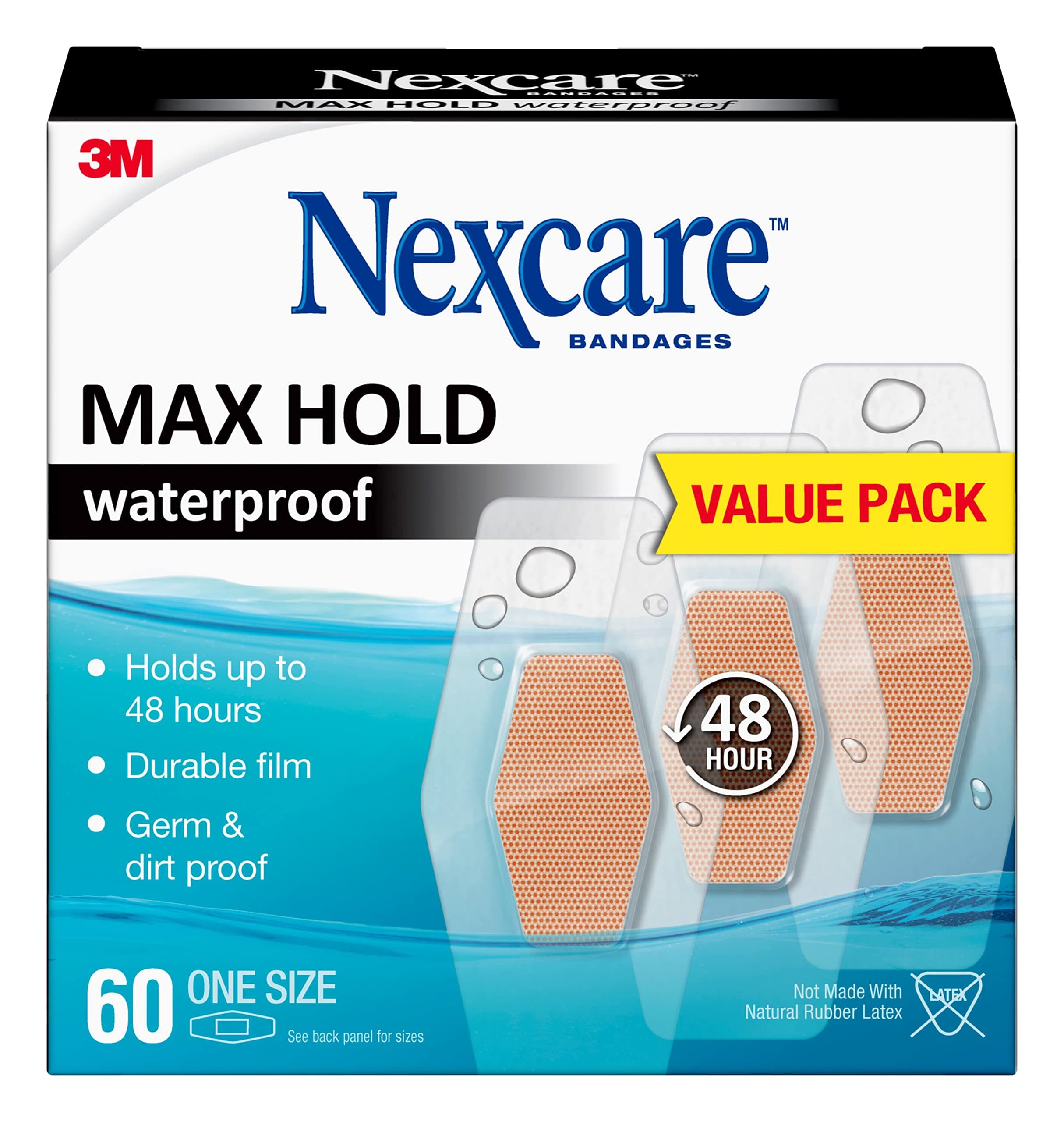 3M Max Hold Nexcare Waterproof Bandages: One Size 60 count, 1.25 in. x 2.5 in. (Clear)