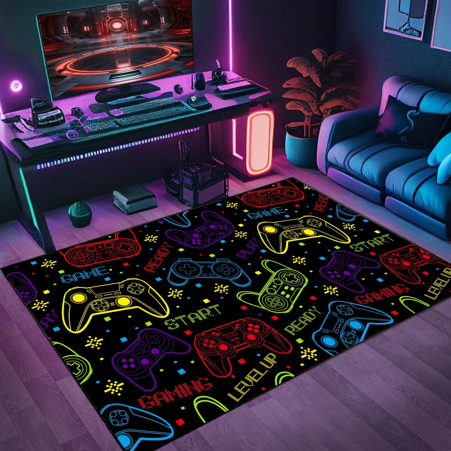 Neon Gamer Rug for Boys Bedroom, Colourful Game Controller Area Rug 59"x39"