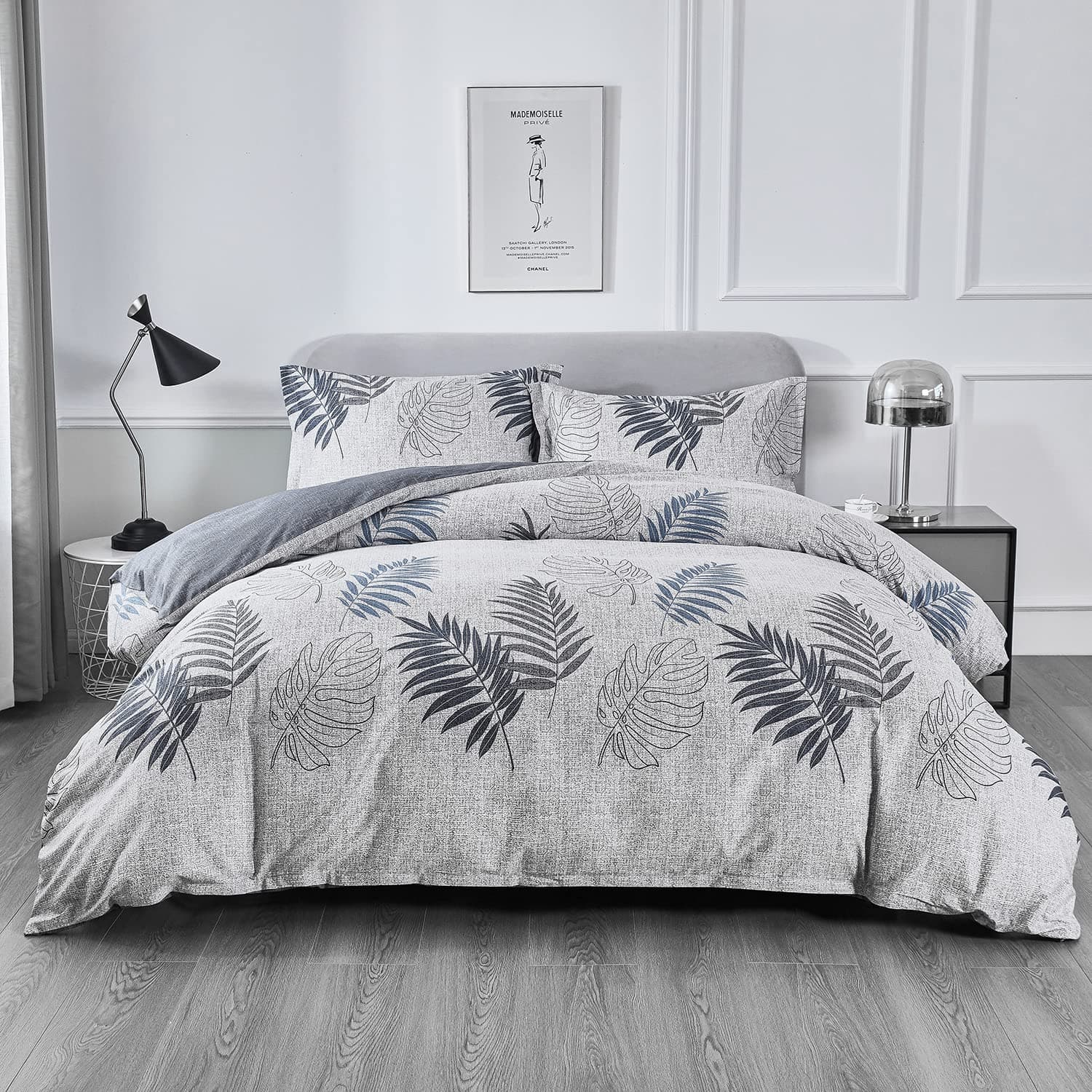 OAITE Duvet Cover Set,100% Cotton Comforter Cover with Floral Pattern Duvet Cover Set,Soft Bedding Set Includes with 3 Piece (2 Pillow Shams,1 Duvet Cover) (Grey Blue-Leaves, Queen)