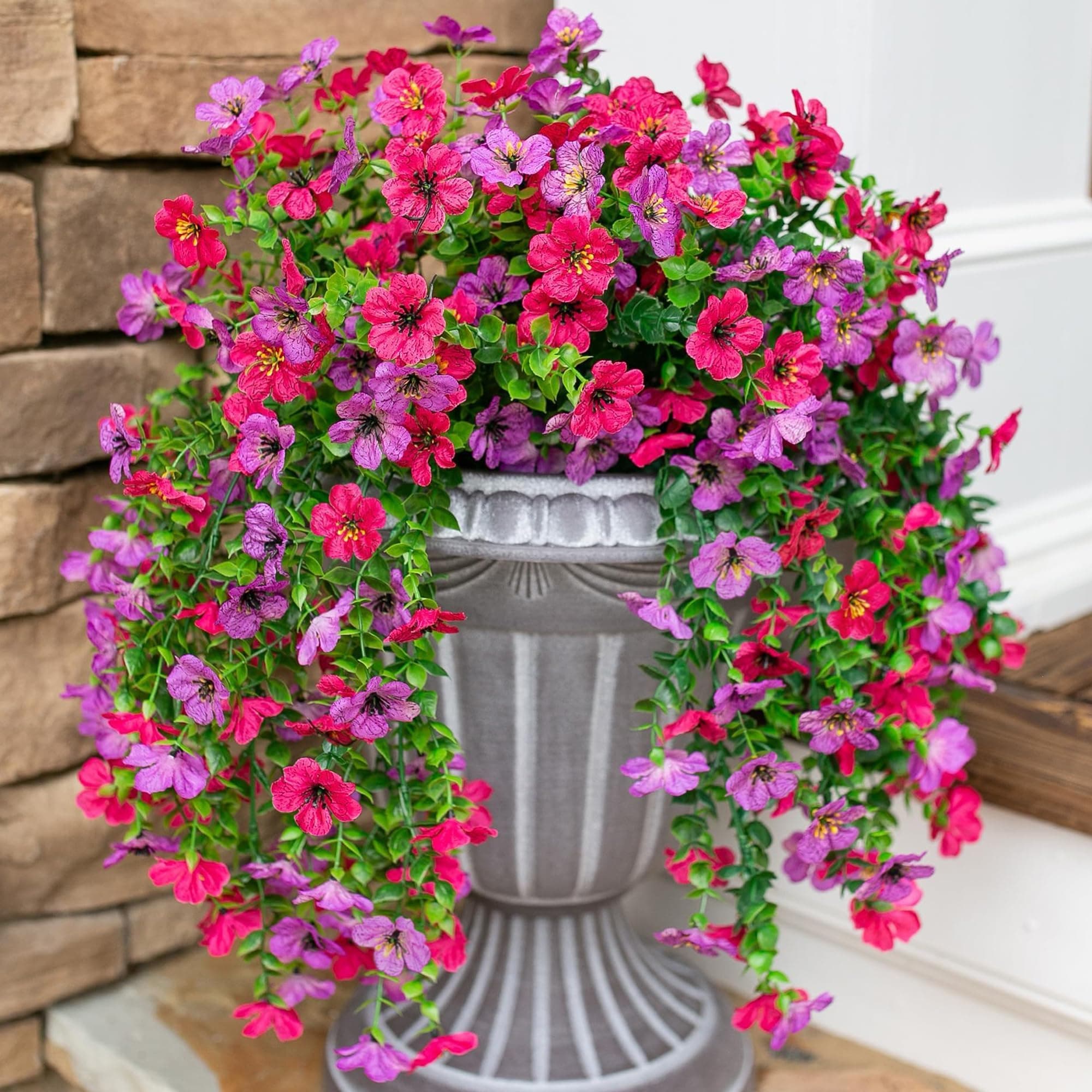 HyeFlora Artificial Flowers for Outdoors Fake Hanging Decoration, 2Pcs Purple and Hotpink Spring Decor, Realistic Plants, UV & Fading Resistant Silk Flower for Porch Patio Balcony Planter Yard
