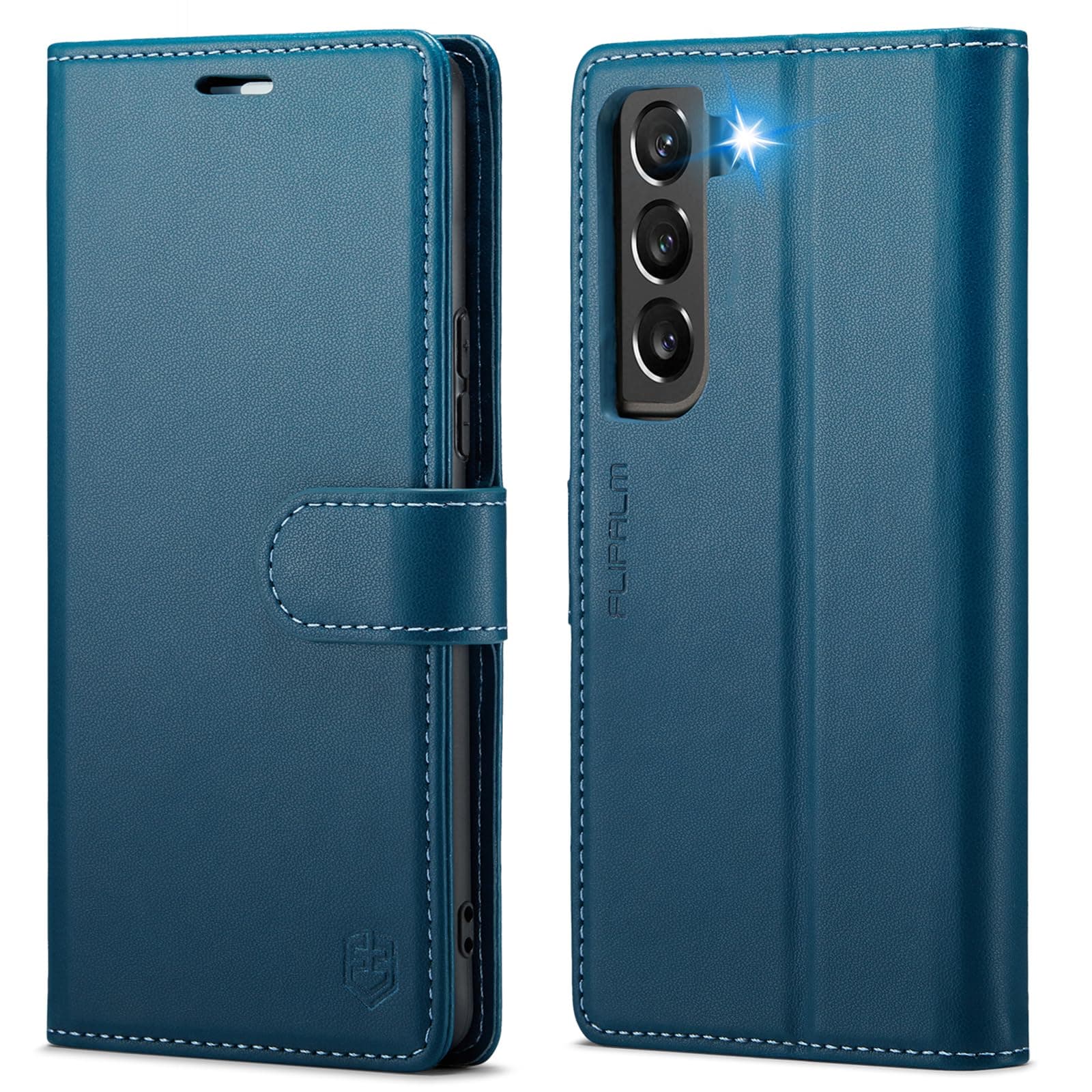 FLIPALM Wallet Case for Samsung Galaxy S22, RFID Blocking Credit Card Holder, PU Leather Folio Flip Kickstand Protective Shockproof Cover for Galaxy S22 (Blue)
