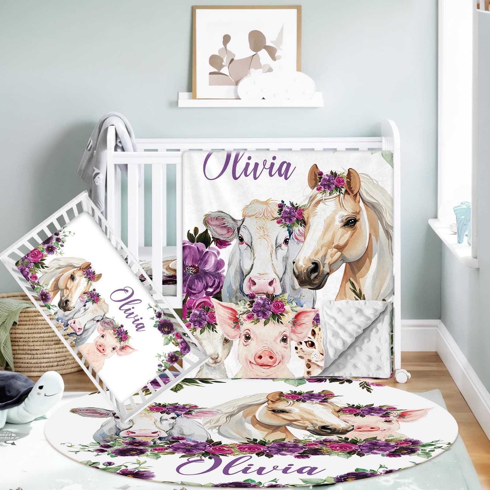 Hatchaa Personalized Baby Crib Bedding Set - 3 Piece Custom Name Nursery Bedding Crib Set for Baby Girls Boys, Farm Animals Theme Nursery Bedding Sets for Toddlers Infants New Parents Customized Gifts