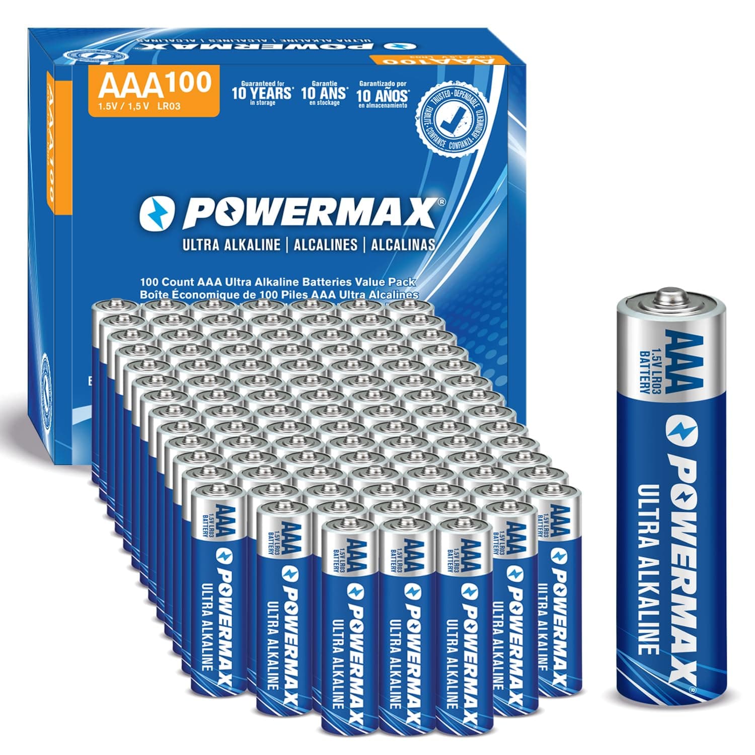 Powermax 100-Count Triple AAA Batteries, Ultra Long Lasting Alkaline Battery for Home and Office, 10-Year Shelf Life, Reclosable Packaging