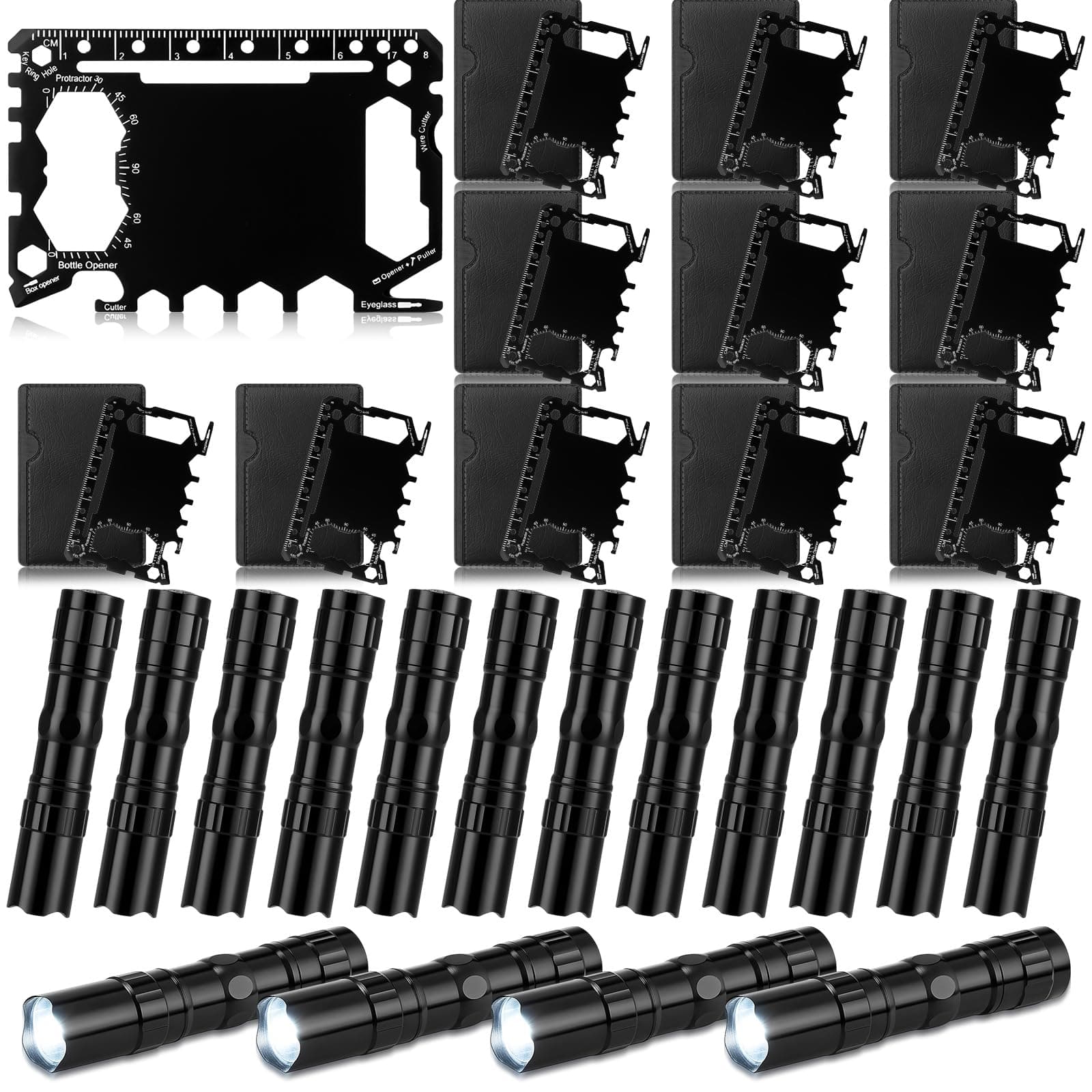 Retisee 24 Pcs Credit Card Wallet Multitool Black Flashlights Bulk 46 in 1 Metal Stainless Steel Survival Pocket Tool with Leather Case LED Lights Christmas Men Gift for Fathers Husband Coworkers