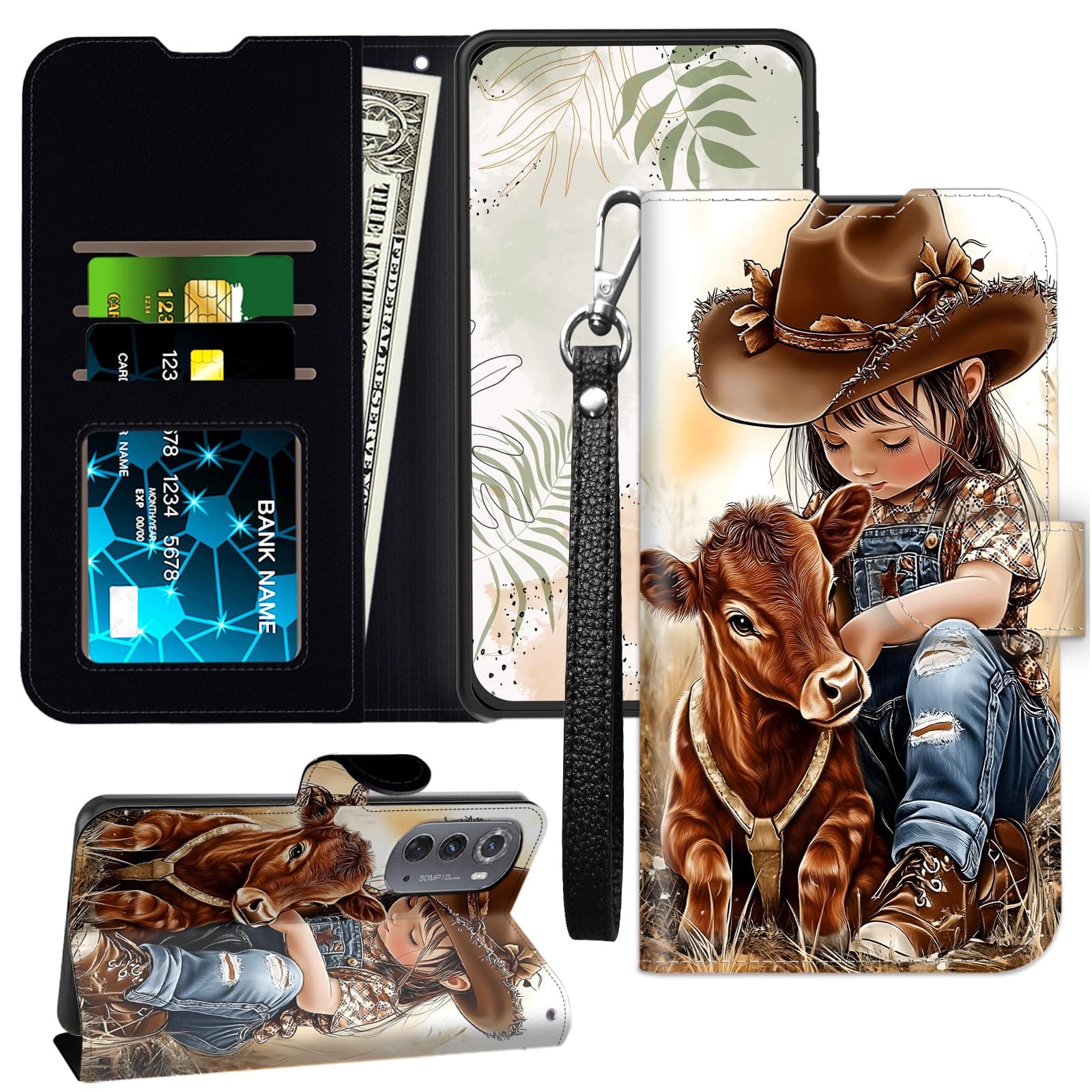 JANENFNA for Moto Edge 2022 Wallet Case with RFID Blocking Card Slots Stand - Premium Leather Flip Cover for Women (Men) Shockproof Protective for Motorola Edge 2022 Case,Girl Baby Cow