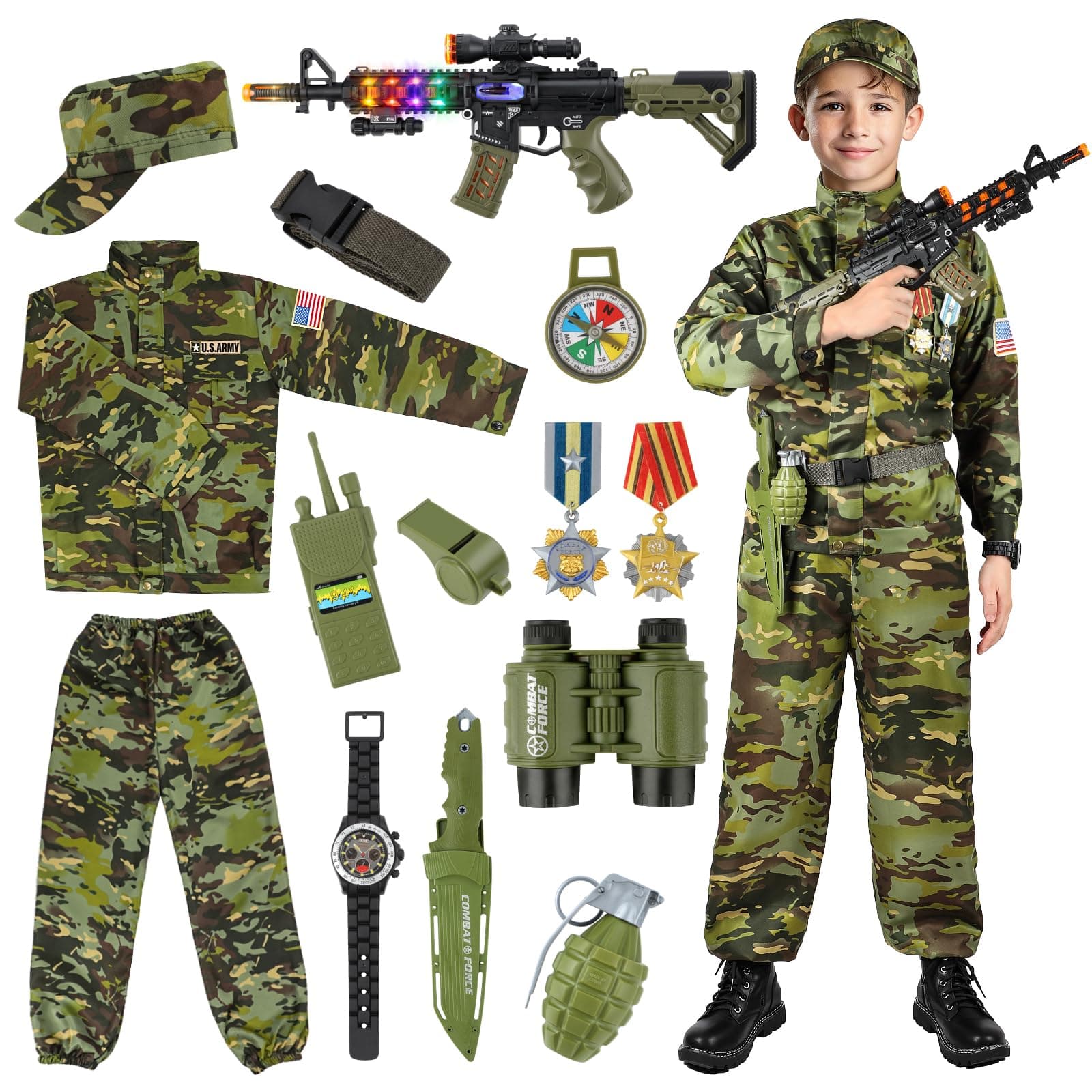 Kids Army Costume for Boys, Military Army Costume with Army Toys, Solider Boy Dress up, Halloween Costumes for Boys