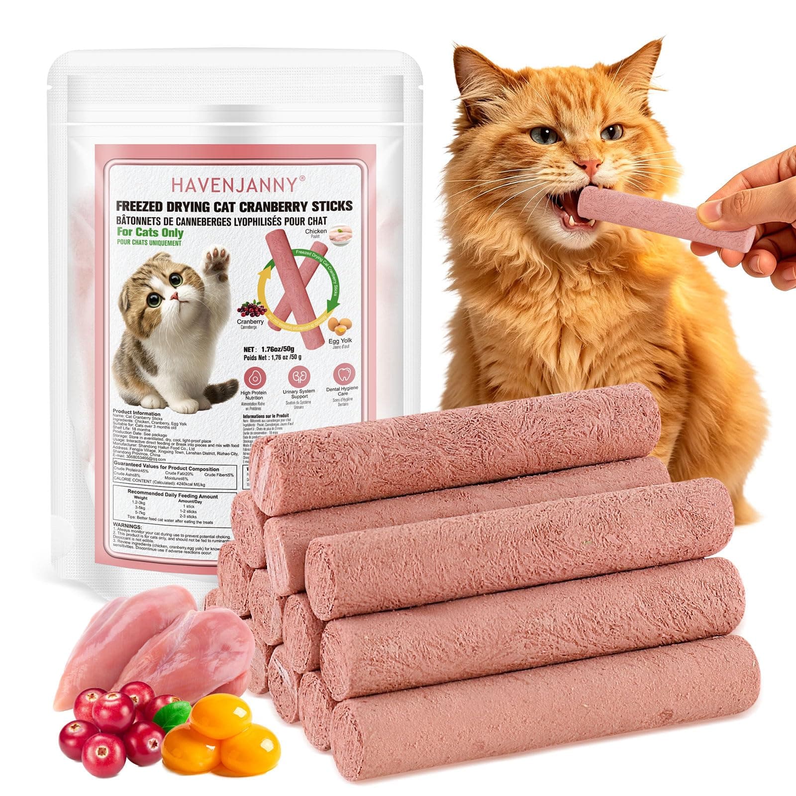 50g Cat Cranberry Treats, Chicken Cat Stick for Protect Urinary Tract and Teeth Cleaning, Edible Cats Snack