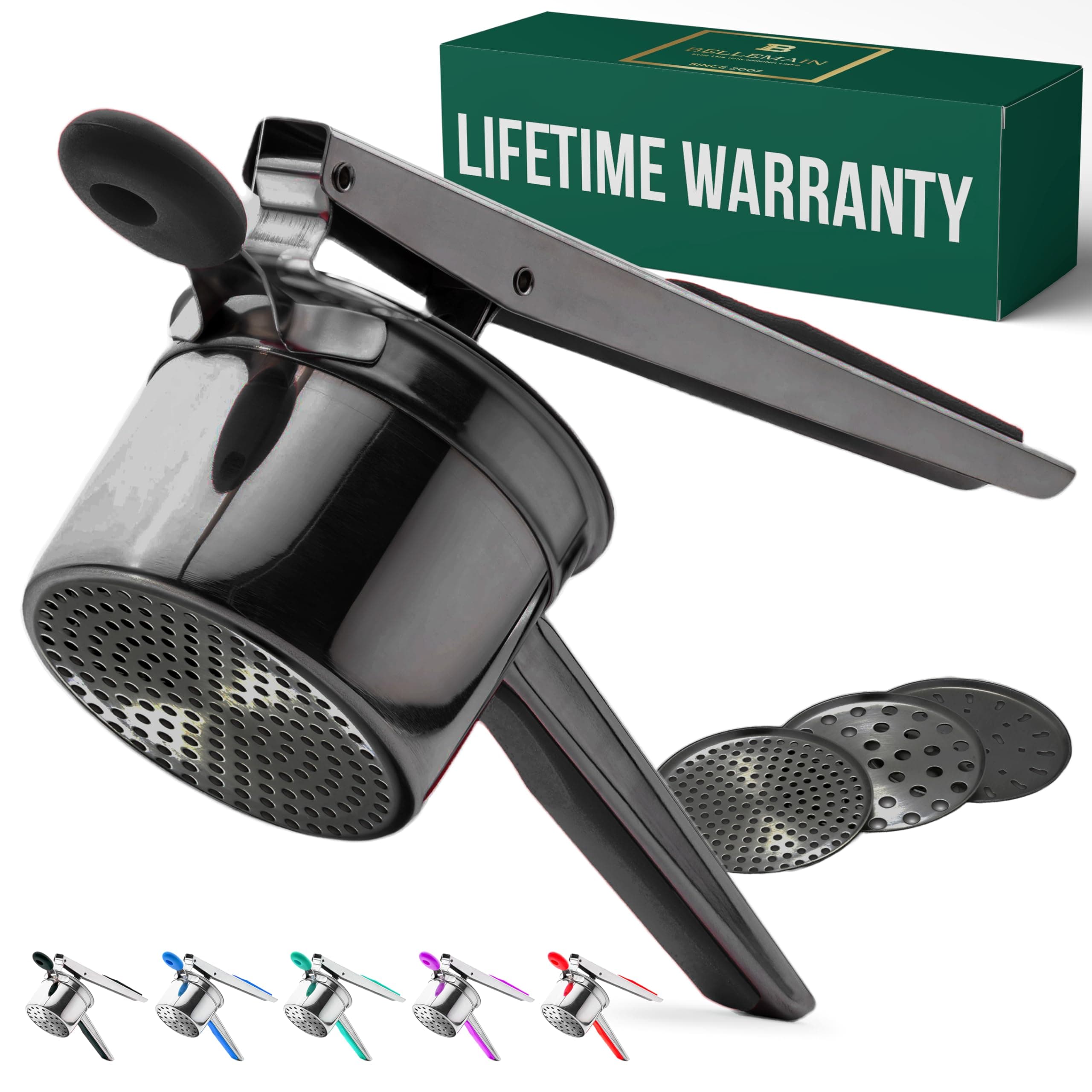 Bellemain 15 oz Large Potato Ricer | Heavy-Duty Stainless Steel Potato Ricer & Masher | Perfect for Mashed Potatoes | Ricer Kitchen Tool with 3 Interchangeable Discs (Black)