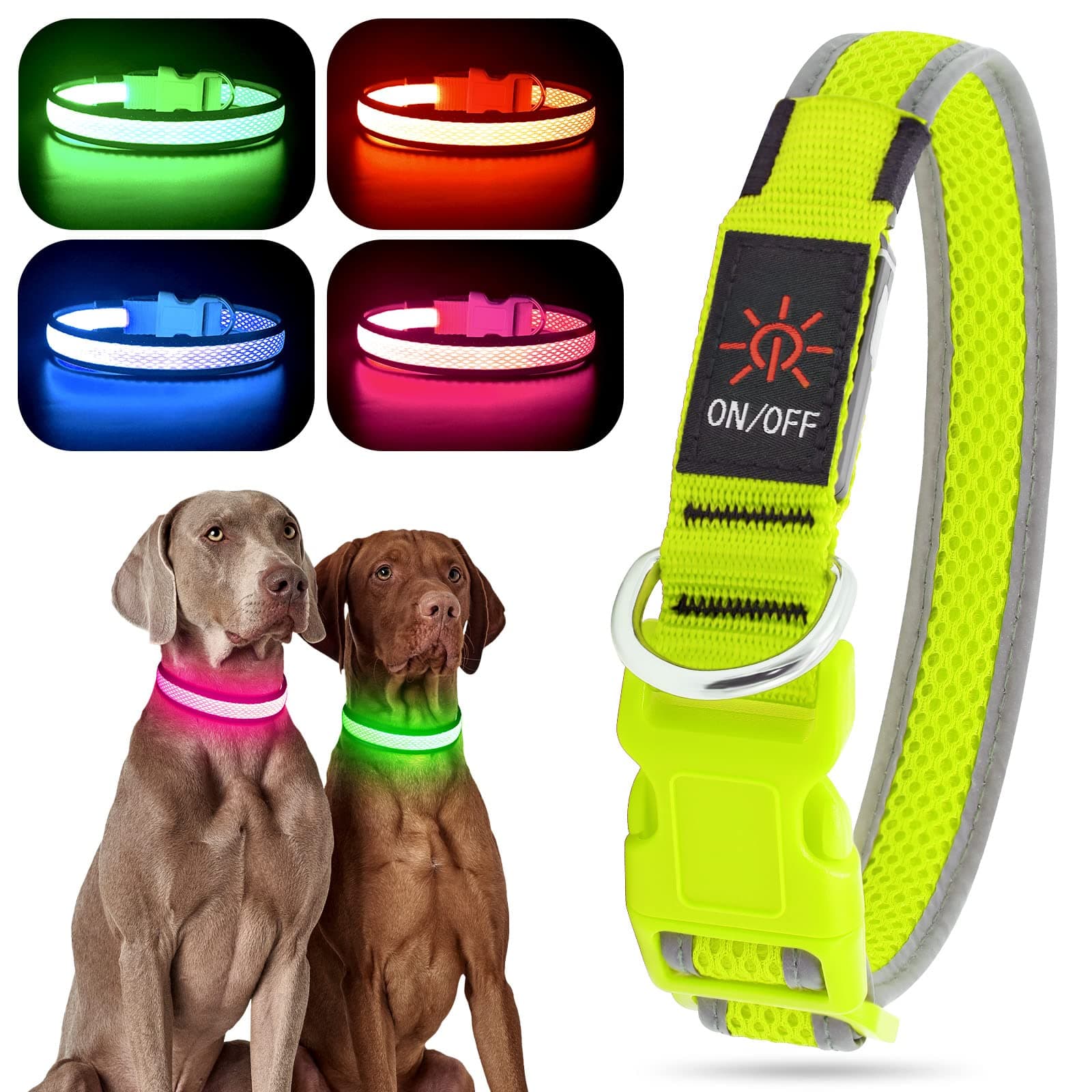 YFbrite Light Up Dog Collar - Rechargeable LED, Flashing, Adjustable Reflective Safety Glowing at Night (Green, Small)