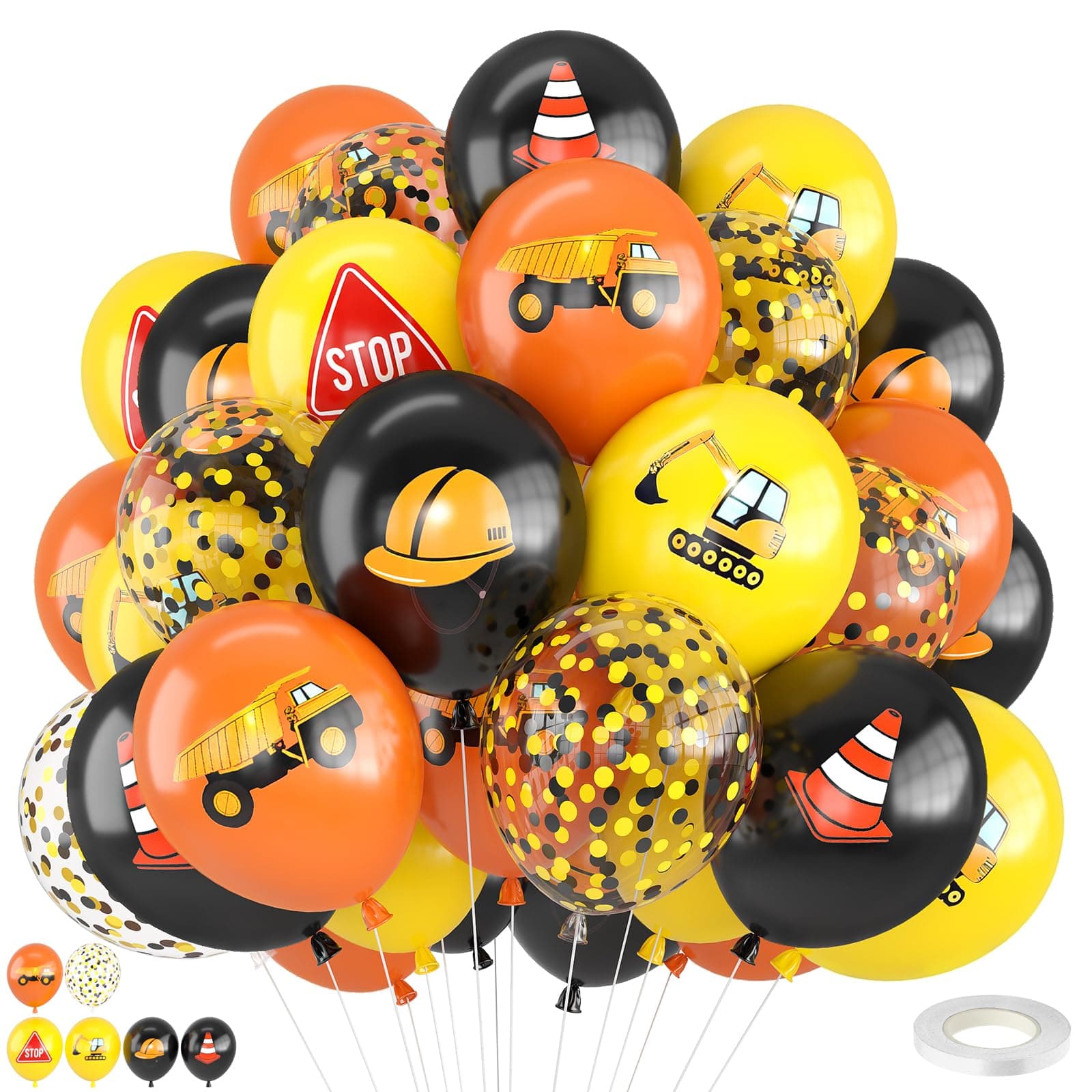 Construction balloons,12 Inch Yellow and Black Balloon with Ribbon for Theme Birthday Baby Shower Party Decorations