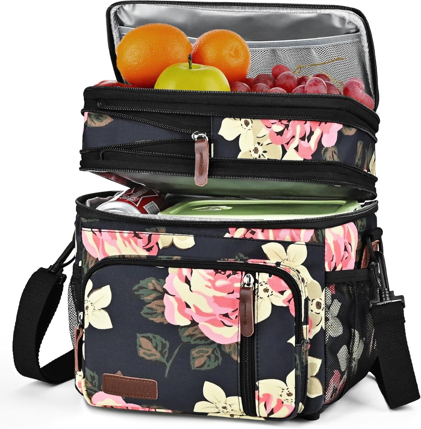 MIYCOO Lunch Bag for Women Men Double Deck Lunch Box - Leakproof Insulated Soft Large Lunch Cooler Bag, MIYCOO (Flower, 15L)