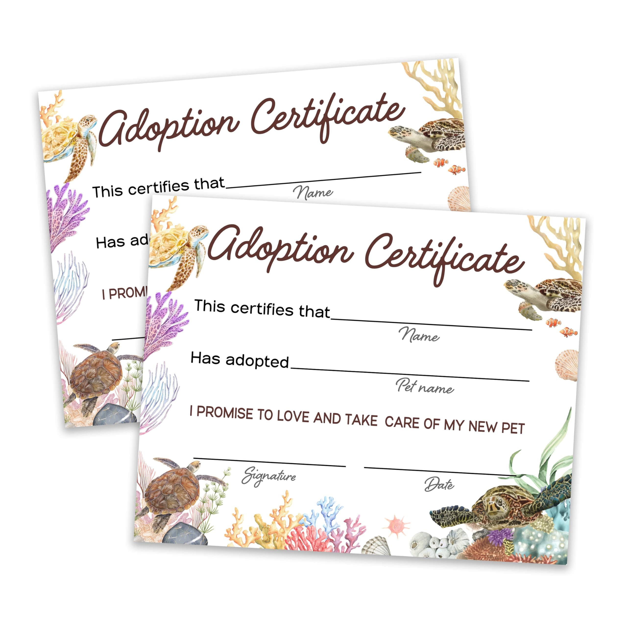 Pet Adoption Certificate, Adopt A Pet Party Favor, Ocean Animals Certificates of Adoption, Pet Birthday Party Decorations and Supplies for Kids Boy, Sea Turtle Adoption Gifts, 10 Pcs Cards -01