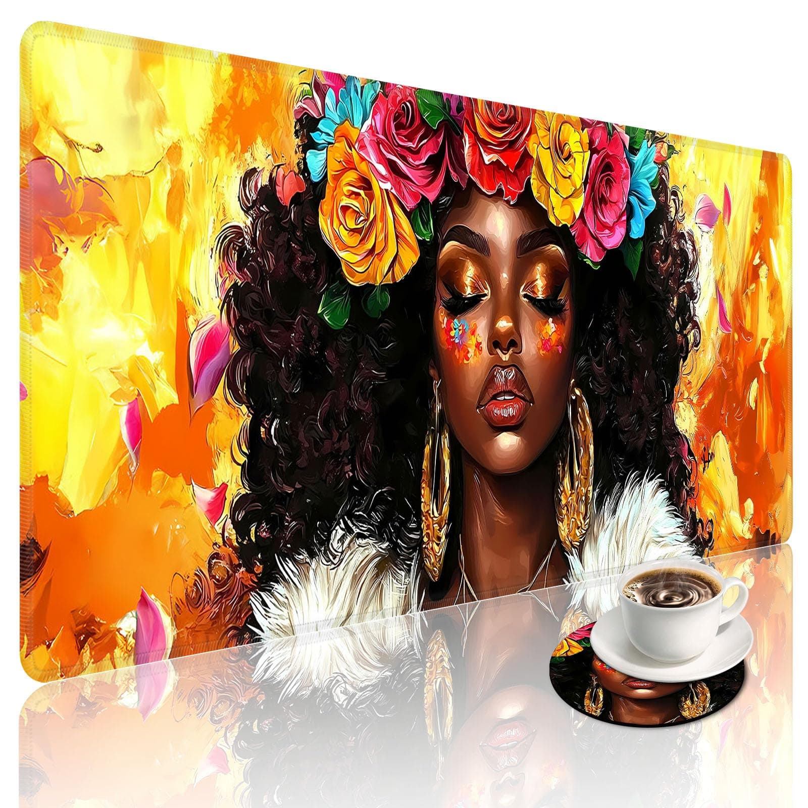 Beautiful Black Woman Large Gaming Mouse Pad with Coaster, Durable Stitched Edges Protection Design, Cute Large Desk Mat for Desktop, 35.4x15.7 inch XXL Extended Computer Mat for Gaming and Office