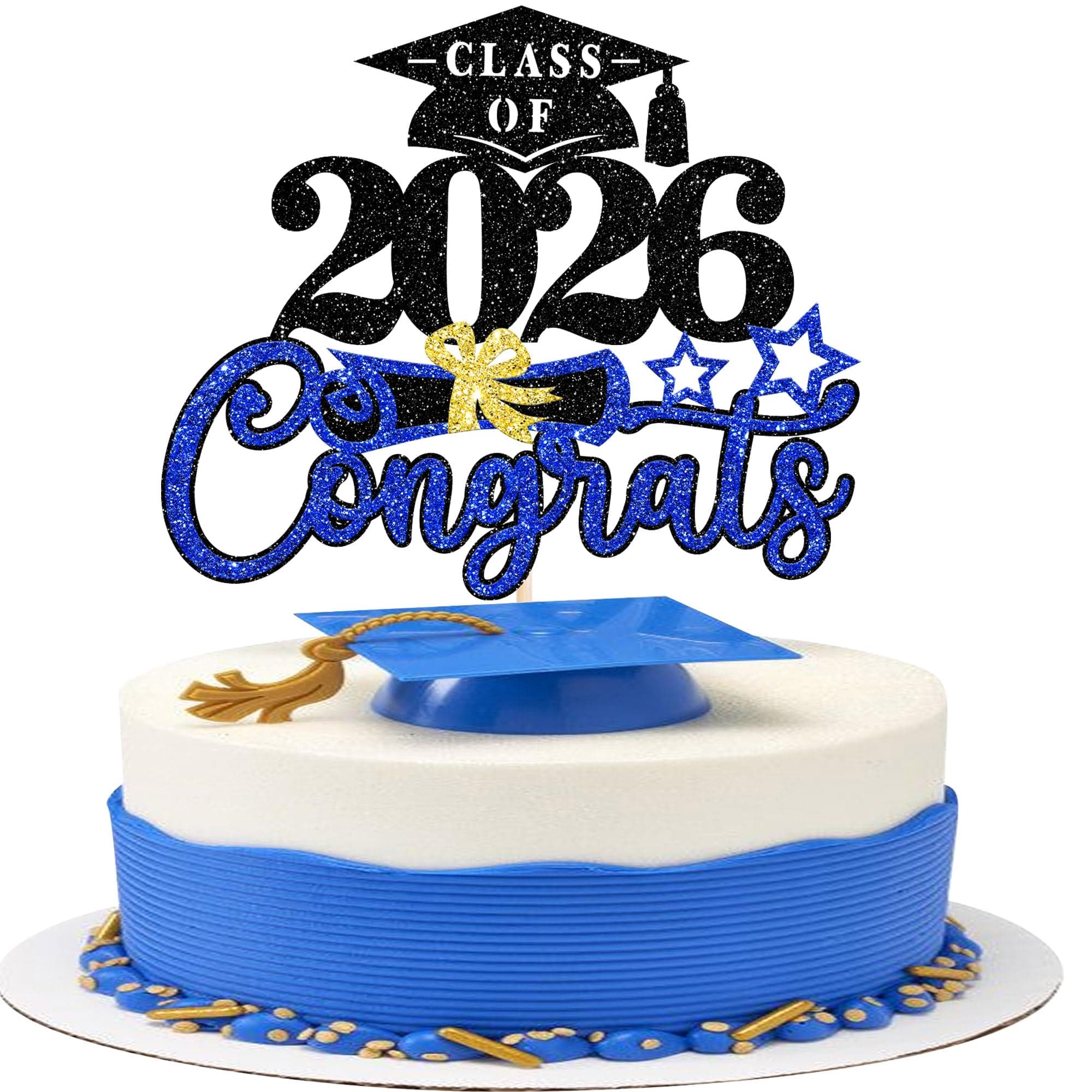 ZHUOWEISM 1 PCS Congrats Class of 2026 Cake Topper Glitter 2026 Graduation Decorations Class of 2026 Grad Cap Diploma Cake Pick for College 2026 Graduation Party Cake Decorations Supplies Blue