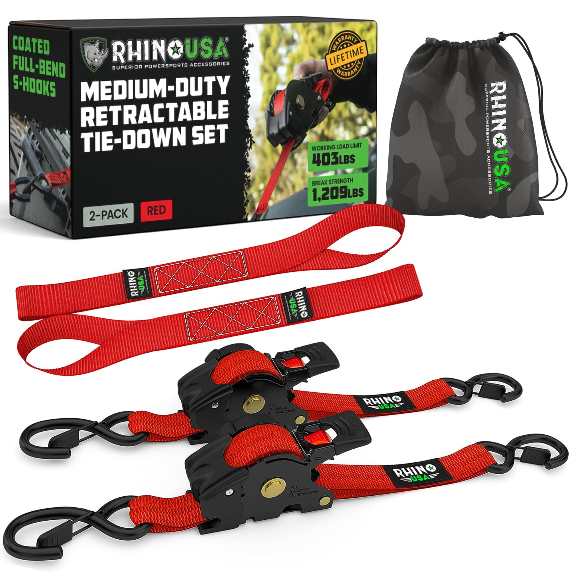 Rhino USA Retractable Ratchet Straps (2-Pack) - 1in x 10ft, 1,209lb, Red