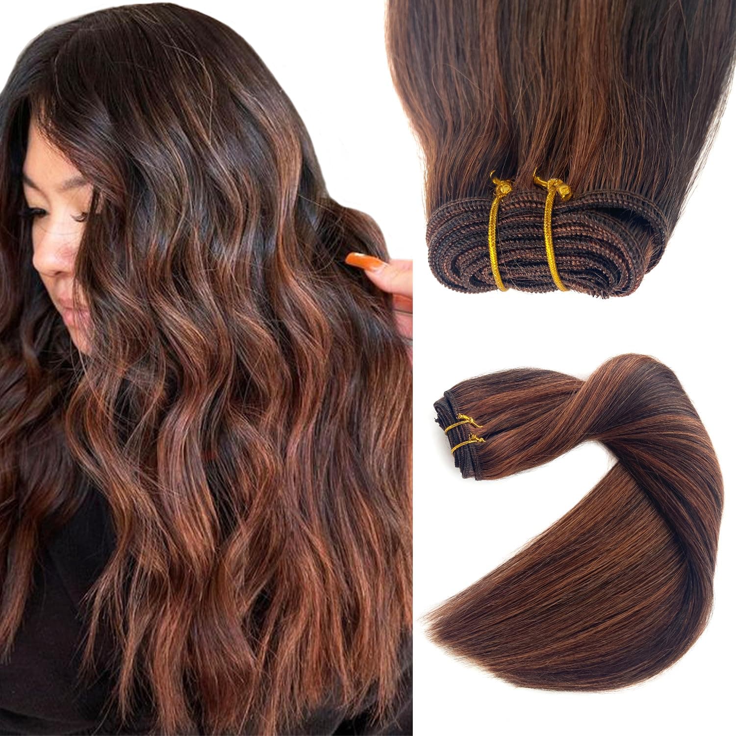 Sew in Hair Extensions Real Human Hair, Weft Hair Extensions Human Hair Bundles 16 Inch 100G Dark Brown Balayage Aurbun Brown Highlights Hand Tied Weft Hair Extensions Human Hair Remy Extensions