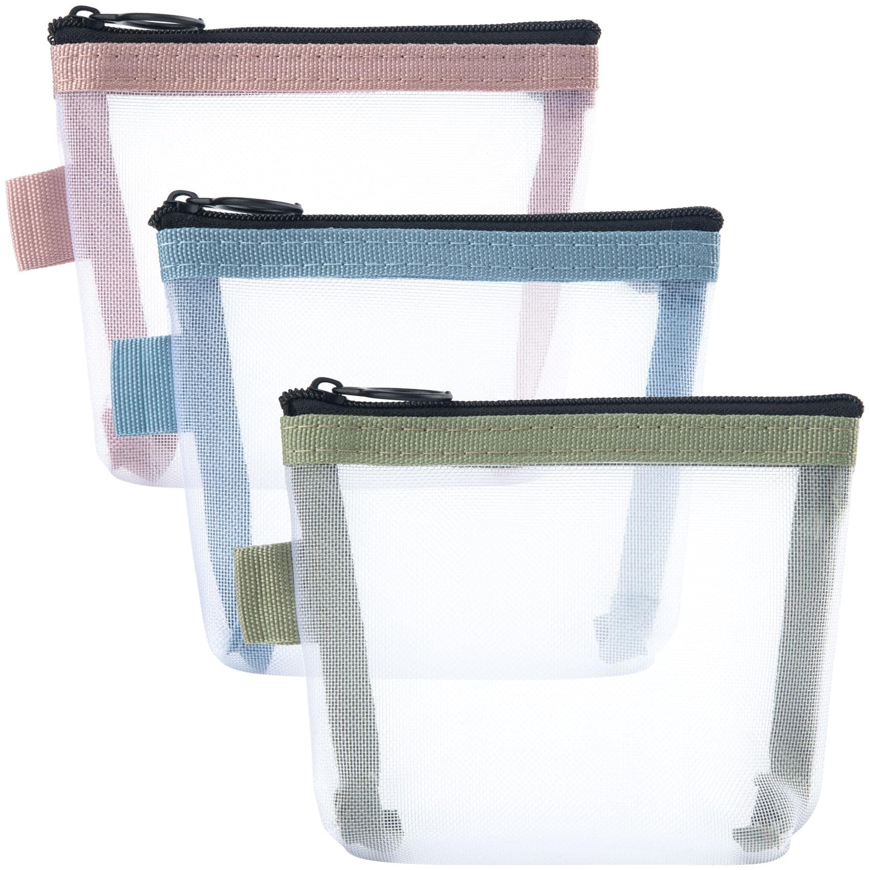 BEIQIYA Small Makeup Bag, Mini Zipper Mesh Makeup Bags, Portable Cosmetic Pouch for Woman Purse Lipstick Keys Essentials Items Earphone Bank Cards, 3pcs-Blue & Pink & Green, Portable
