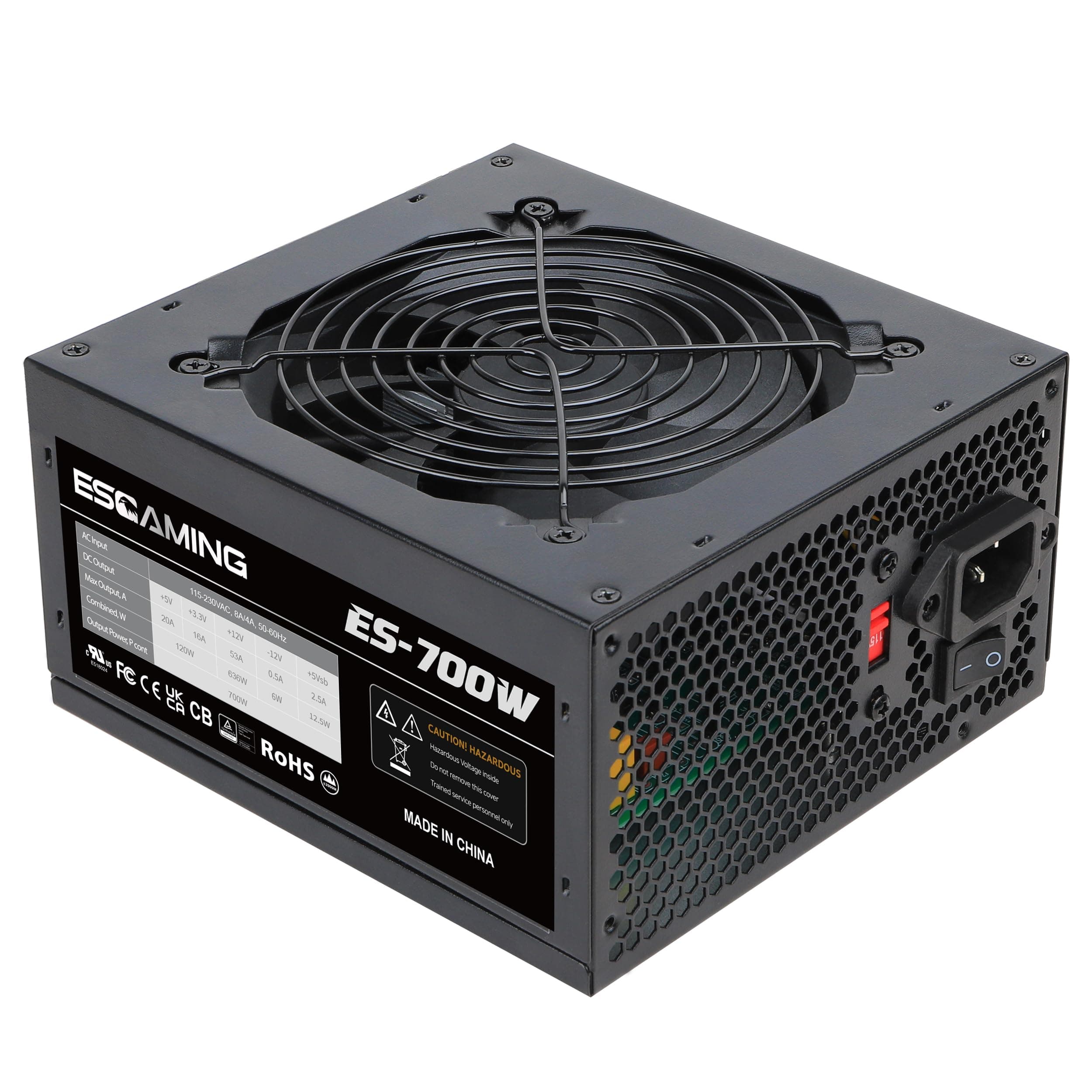 ESGAMING 700W Non Modular Power Supply with Low-Noise 120mm Fan ATX PSU, 115/230 Voltage Switch PFC Protection