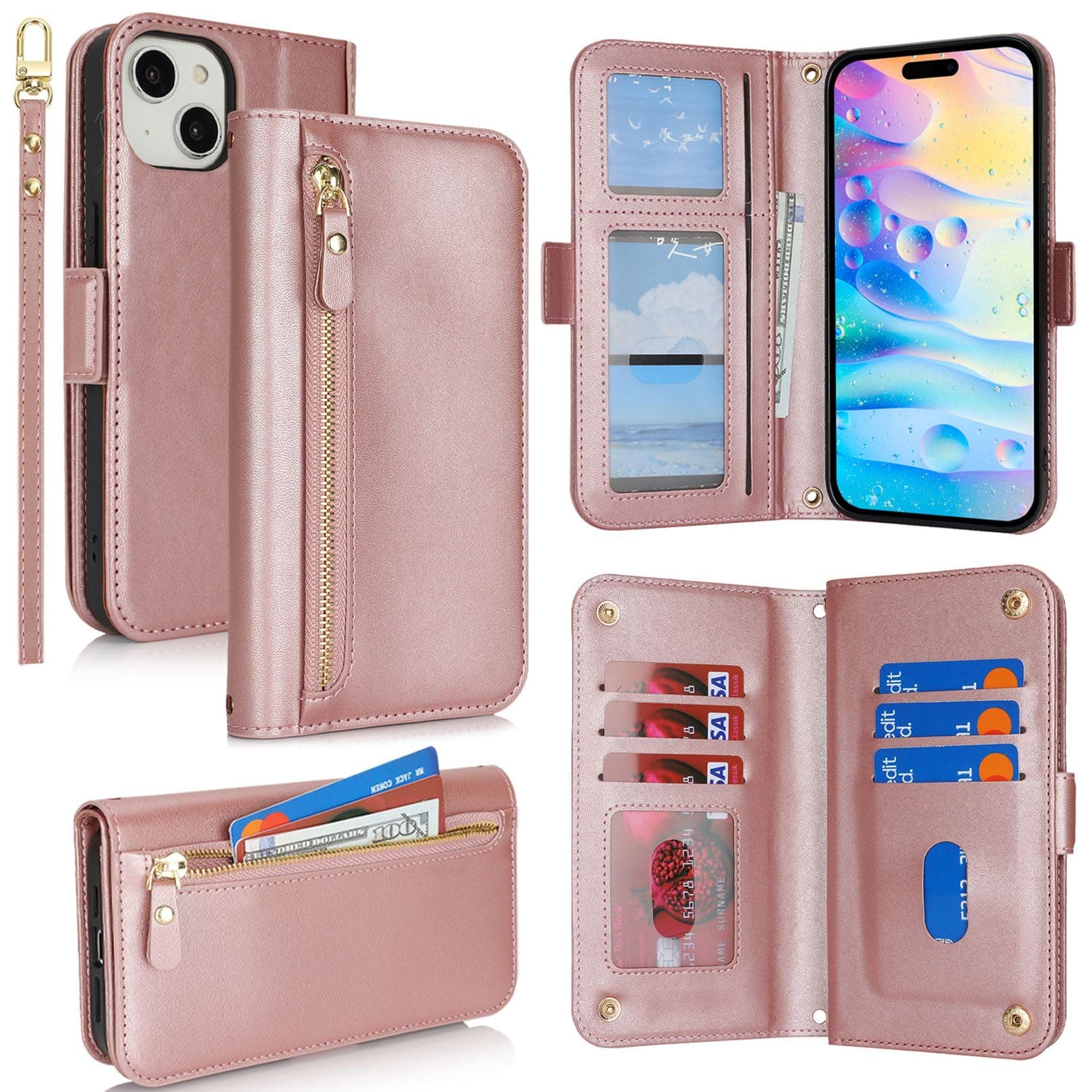 Purse for iPhone 15 Plus/14 Plus Wallet Phone Case,Rosegold